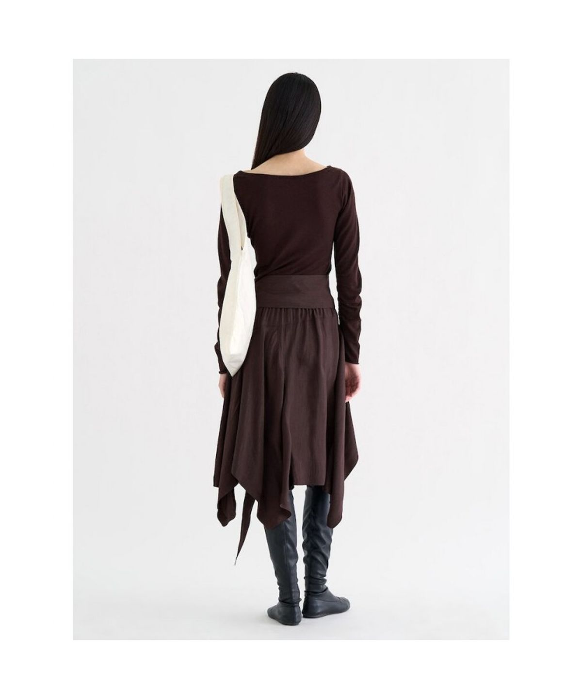 앙개(ANGGAE) Unbalanced Satin Skirt  Brown