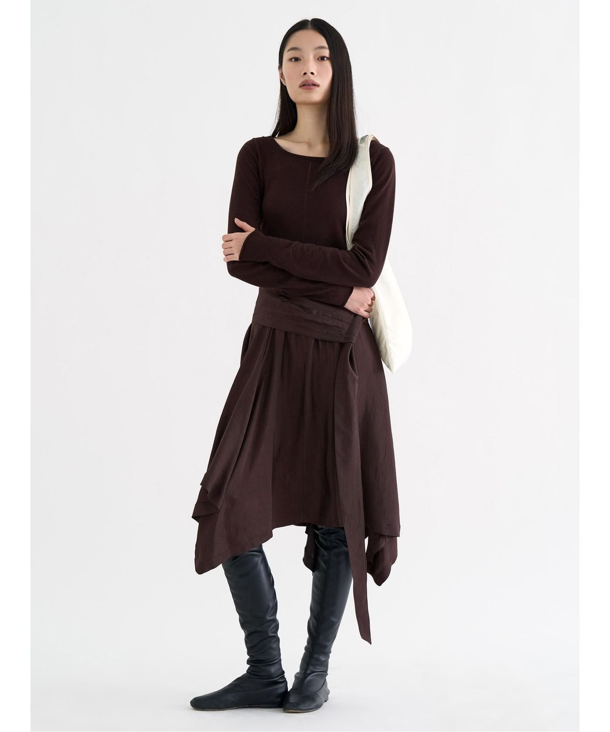 앙개(ANGGAE) Unbalanced Satin Skirt  Brown