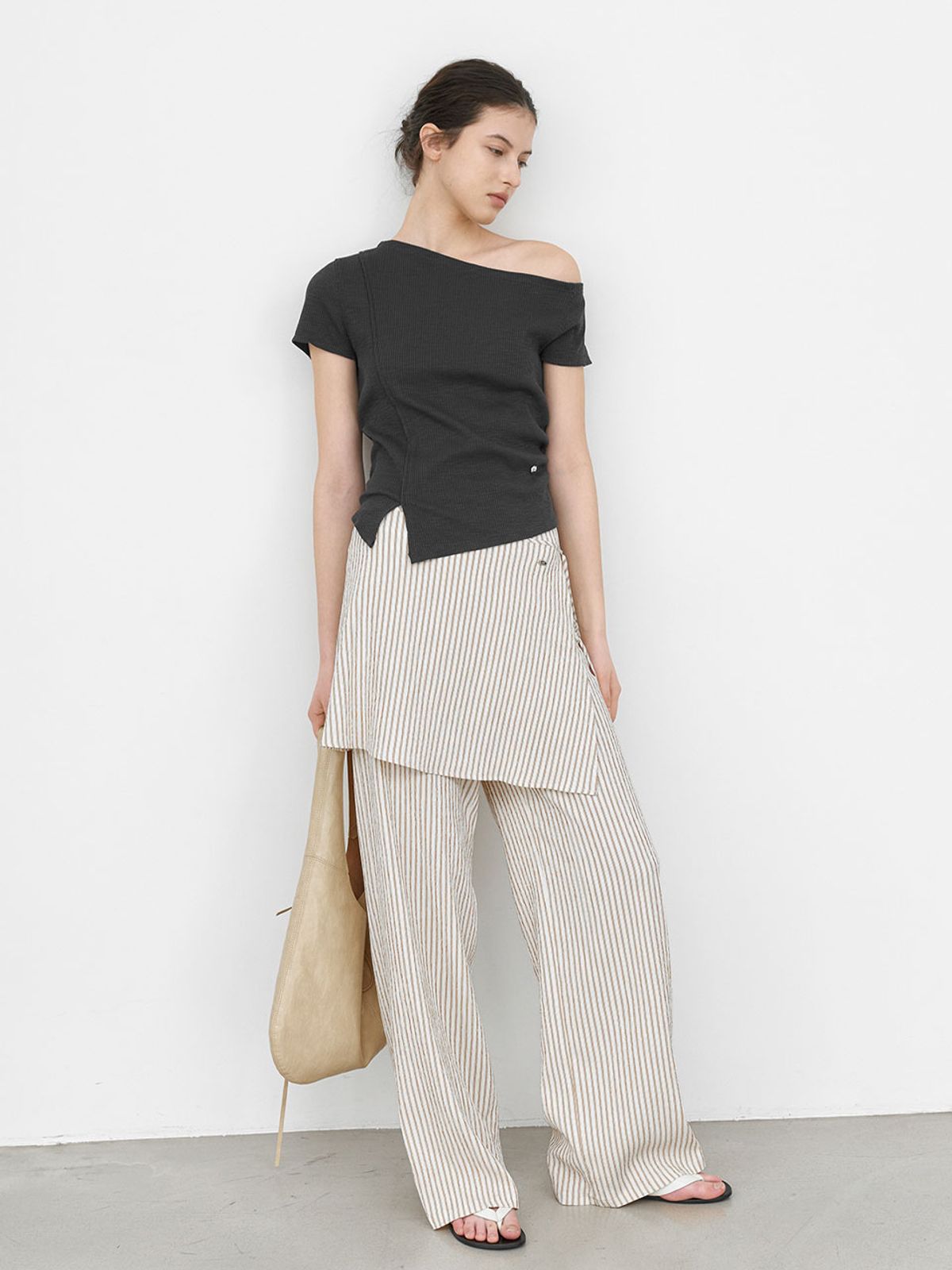 아틀리에 나인(ATELIER NAIN) STRIPE WRAP SKIRT LAYERED PANTS (PT-5778)
