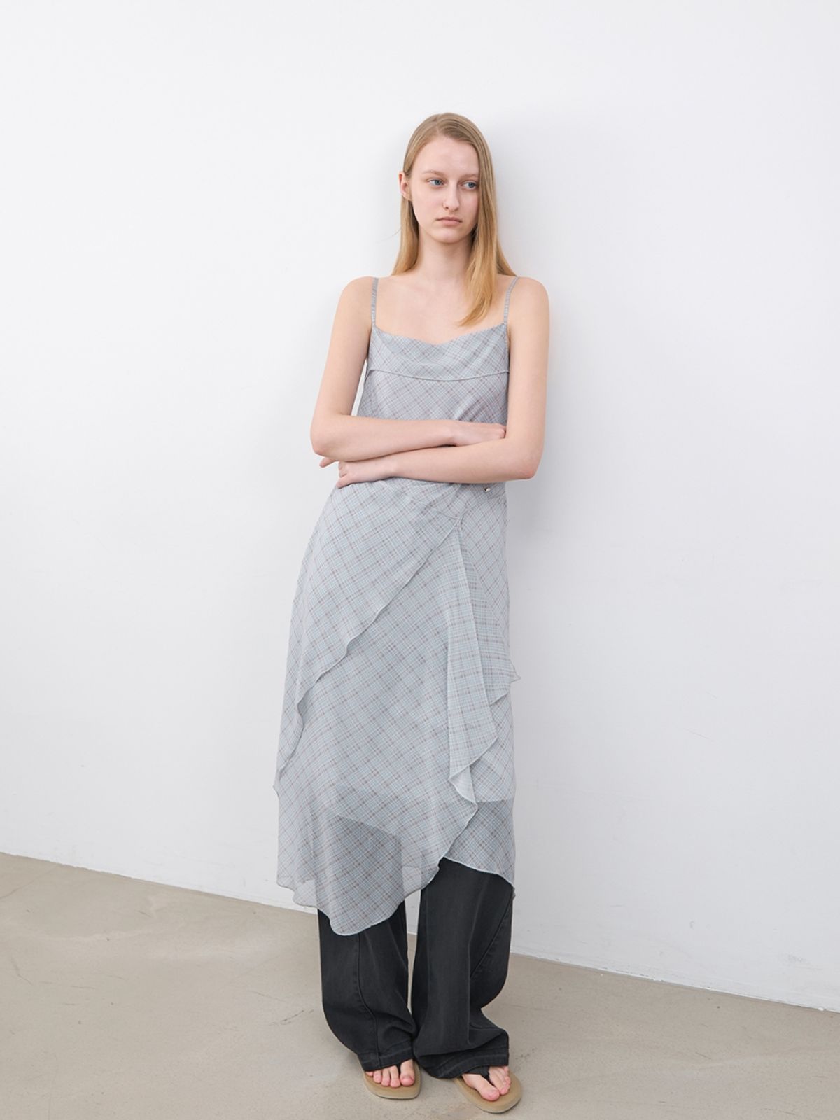 아틀리에 나인(ATELIER NAIN) CHECK UNBAL LAYERED DRESS (OP-6335)