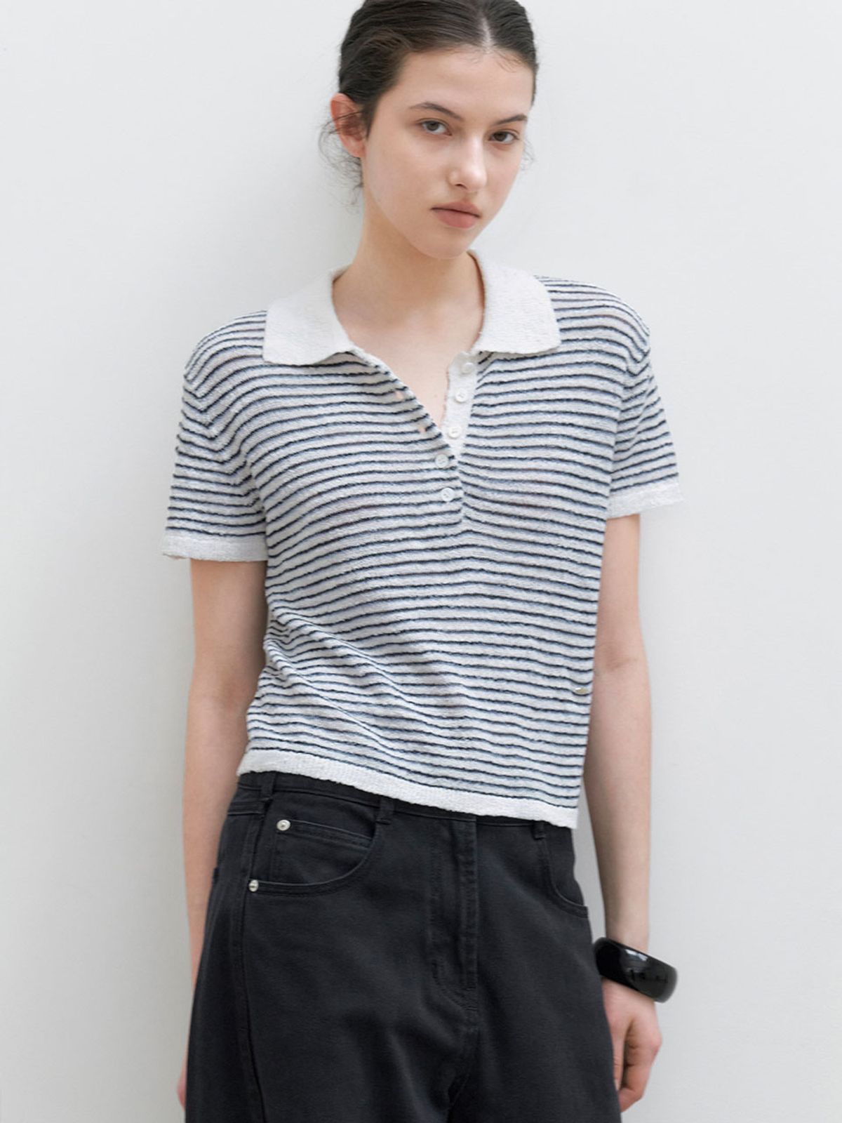 아틀리에 나인(ATELIER NAIN) BOUCLE COLLAR STRIPED KNIT (T-7244)
