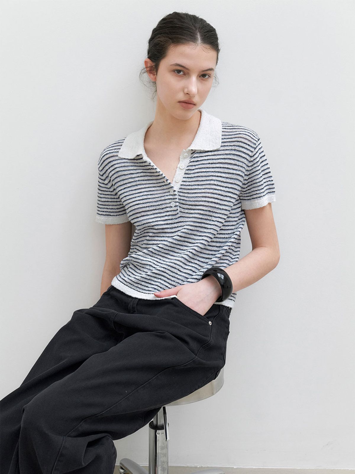 아틀리에 나인(ATELIER NAIN) BOUCLE COLLAR STRIPED KNIT (T-7244)