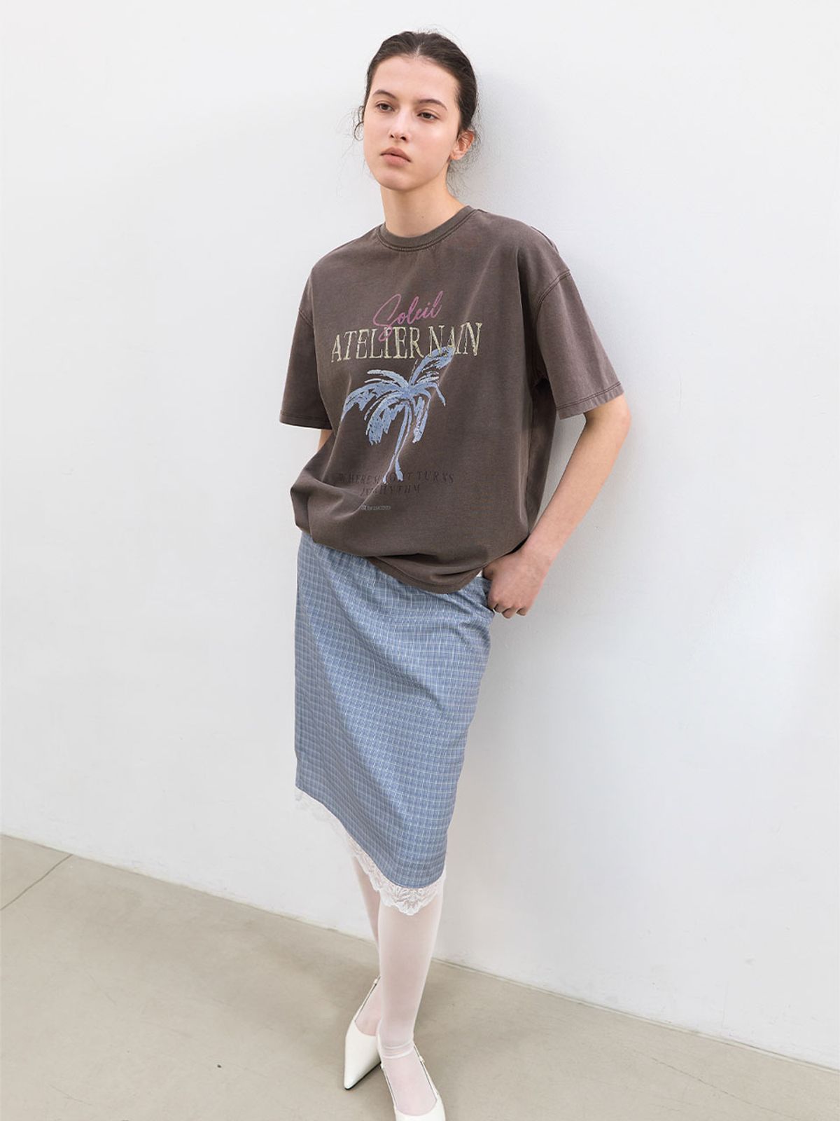 아틀리에 나인(ATELIER NAIN) CHECK LACE TAPE BANDING MIDI SKIRT (SK-5102)