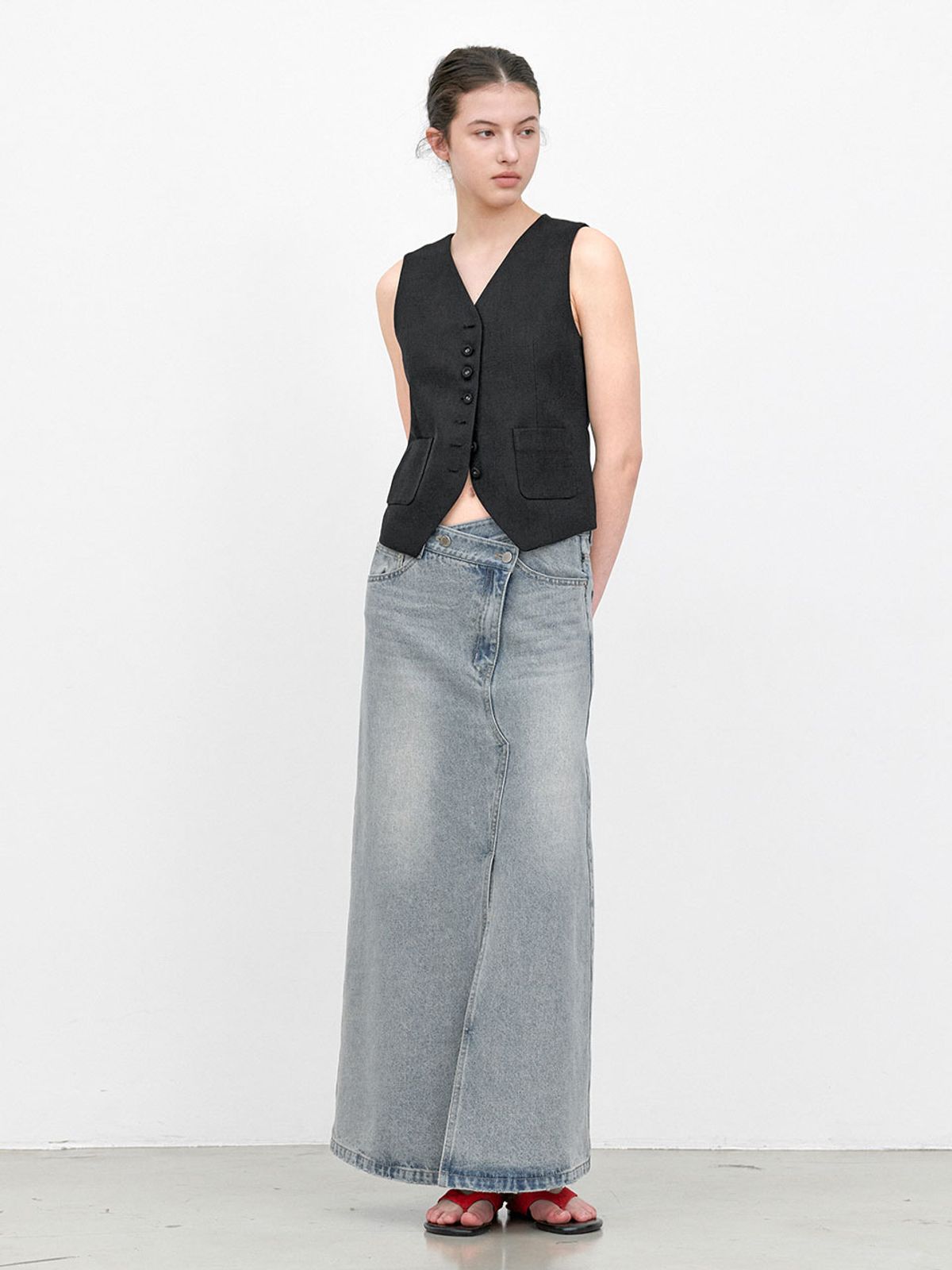 아틀리에 나인(ATELIER NAIN) UNBALANCED DENIM MAXI SKIRT (SK-5096)