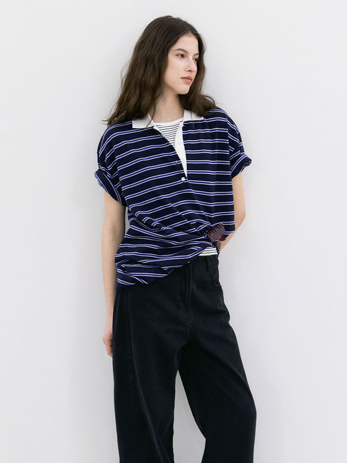 아틀리에 나인(ATELIER NAIN) LOOSE FIT HALF SLEEVE STRIPED POLO KNIT (T-7242)