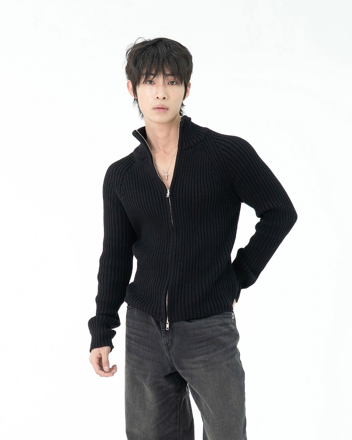 포스333(PHOS333) M Stand Neck Knit Zip-Up/Black
