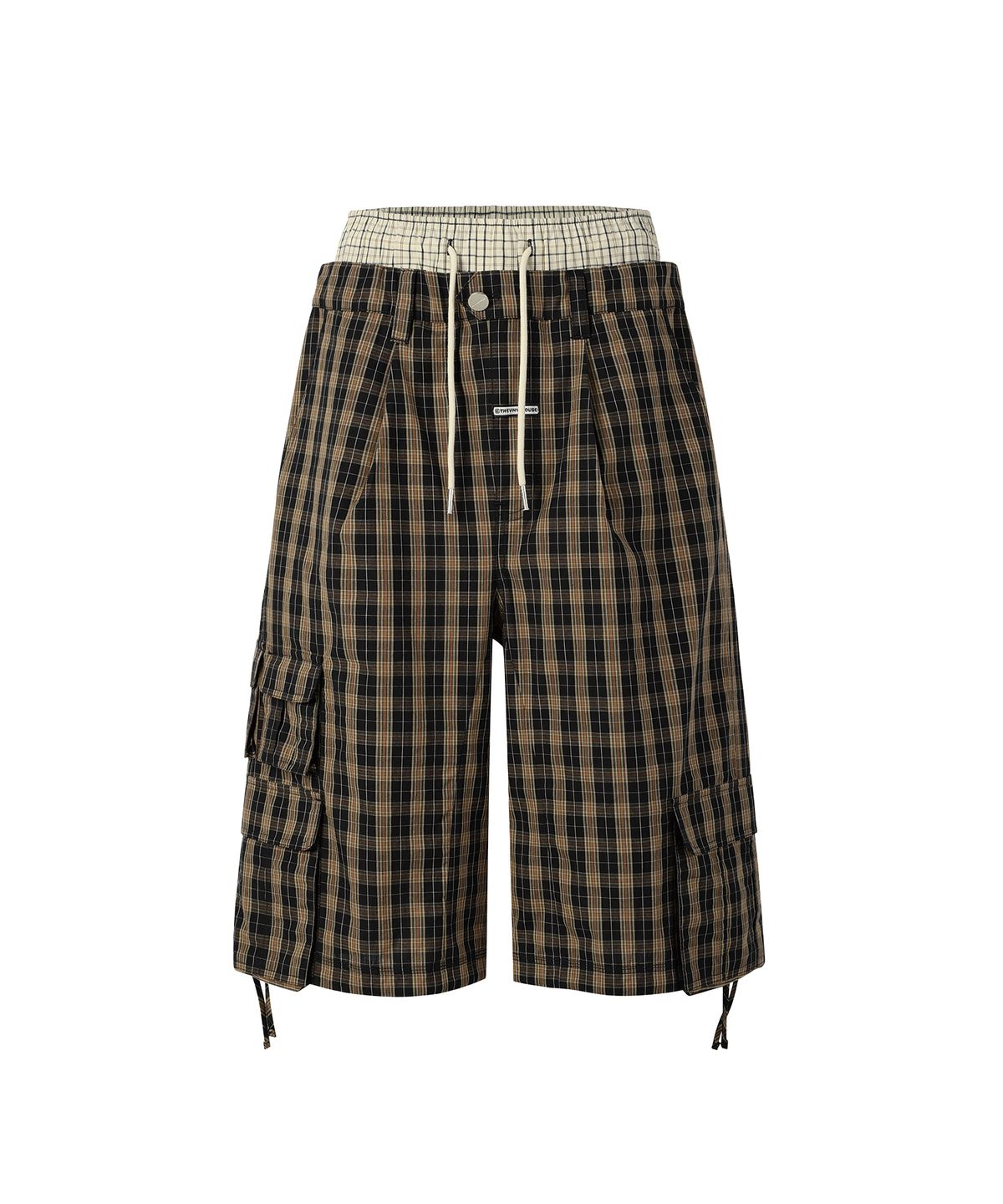 더바이닐하우스(THEVINYLHOUSE) LAYERED CHECK CARGO SHORTS BROWN