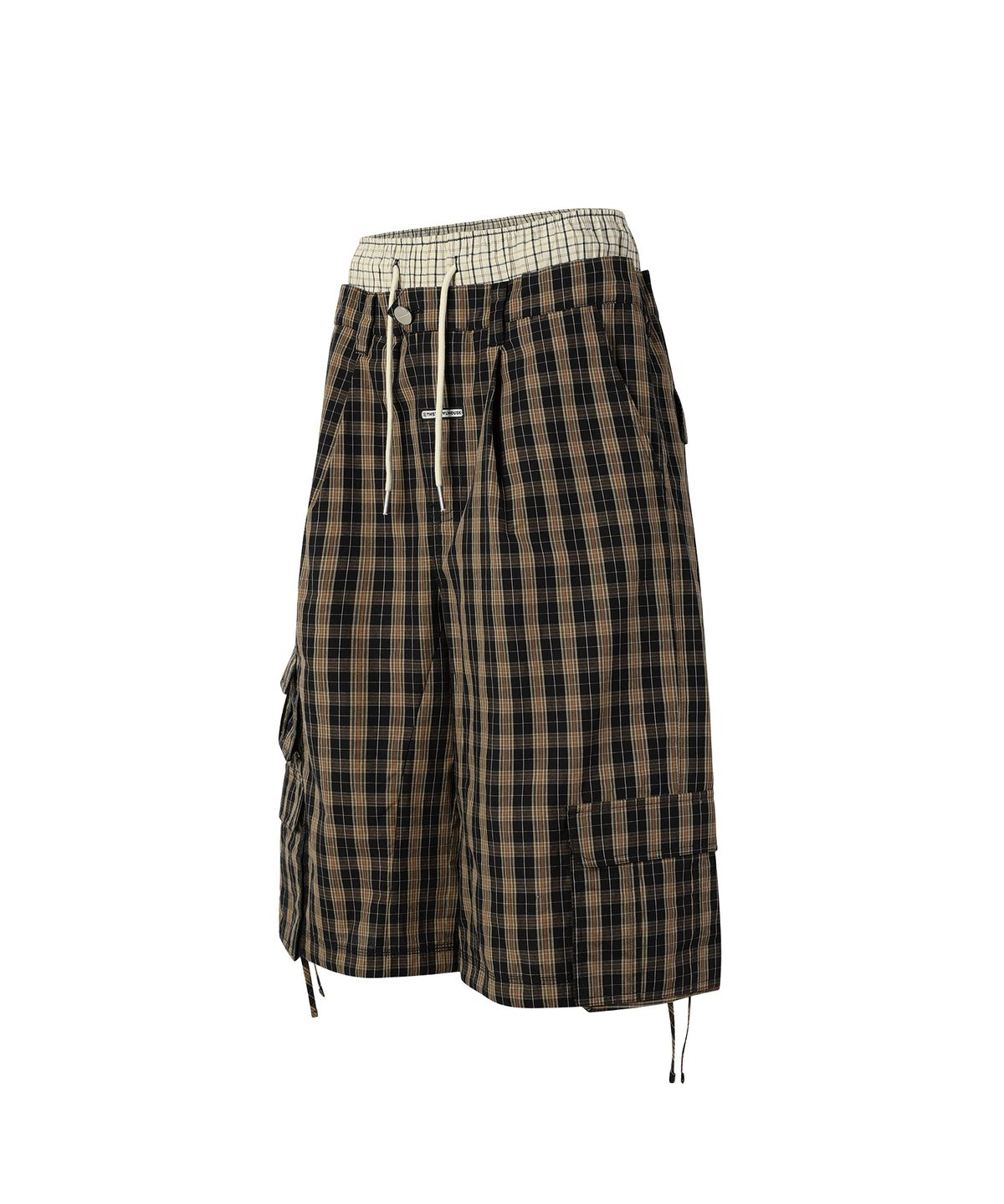 더바이닐하우스(THEVINYLHOUSE) LAYERED CHECK CARGO SHORTS BROWN