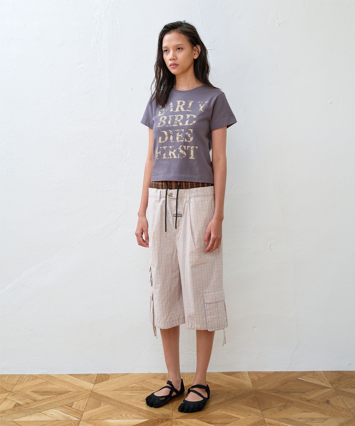 더바이닐하우스(THEVINYLHOUSE) LAYERED CHECK CARGO SHORTS CREAM