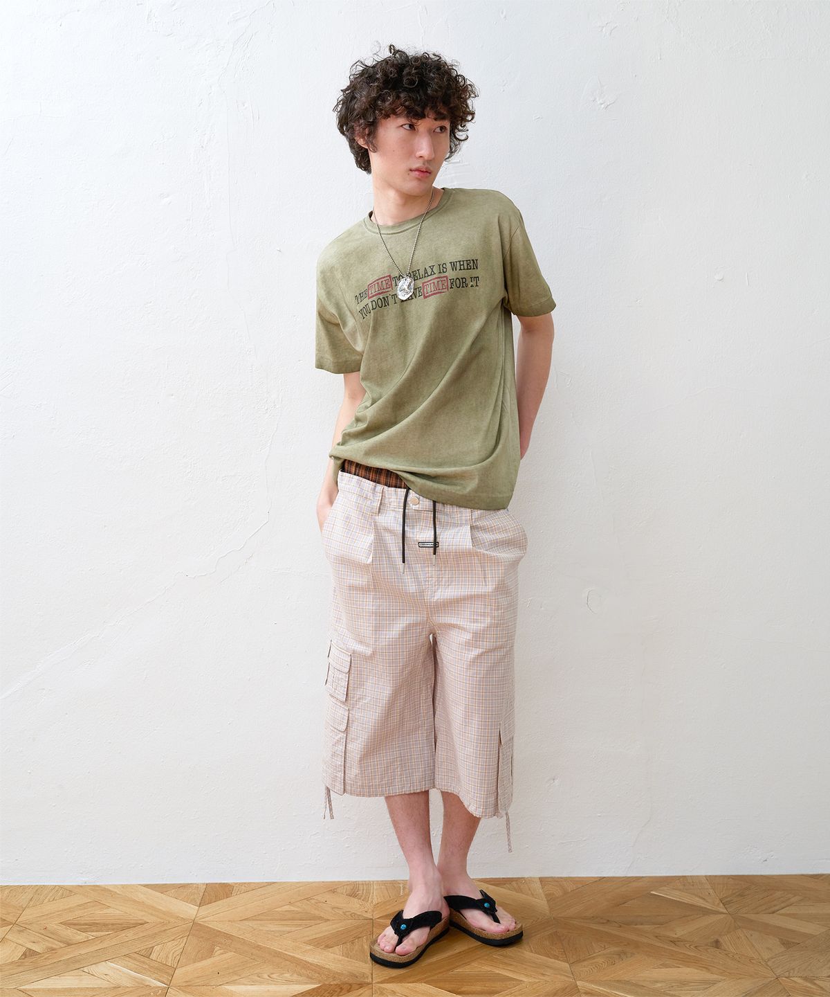 더바이닐하우스(THEVINYLHOUSE) LAYERED CHECK CARGO SHORTS CREAM