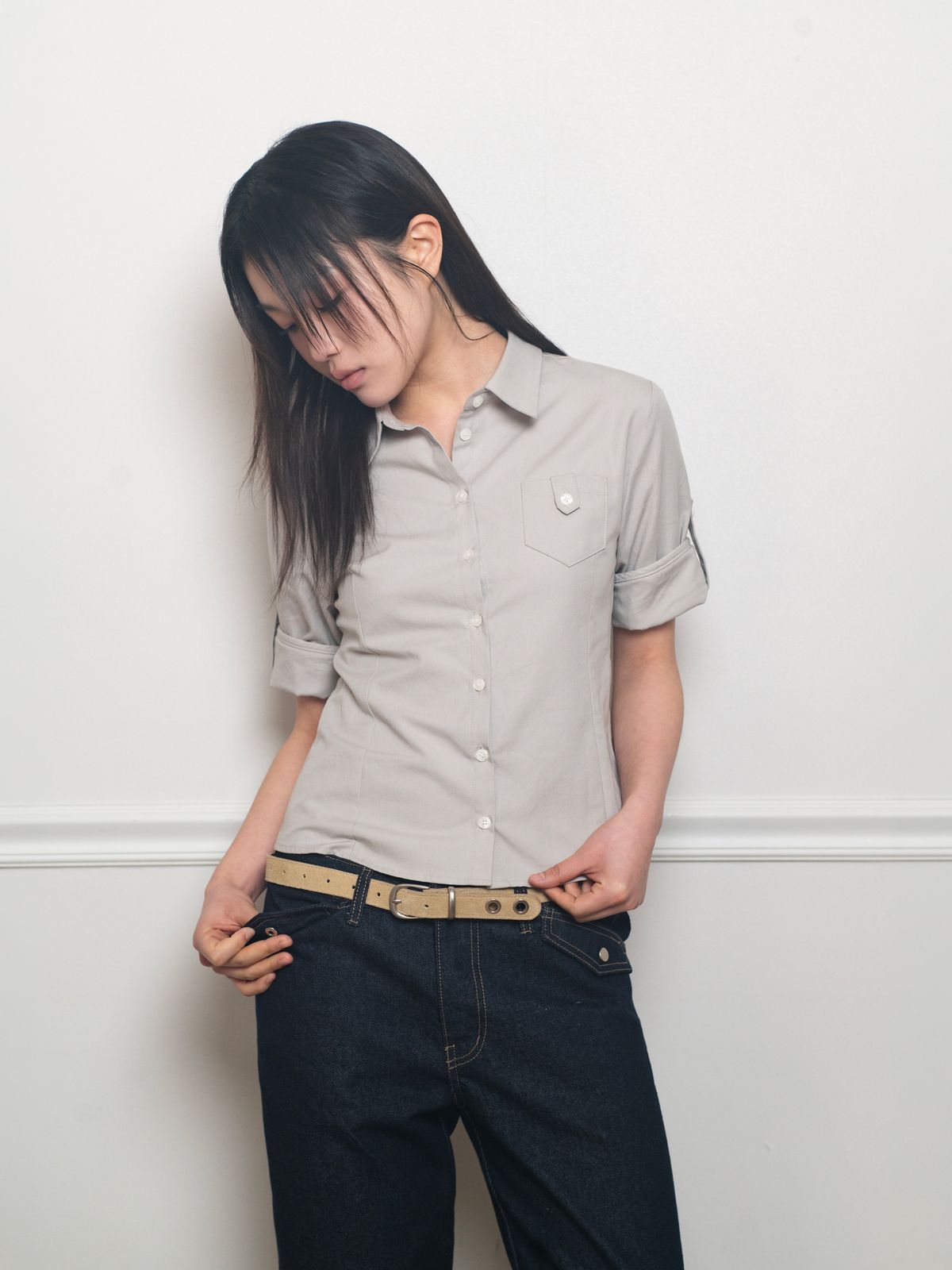 온스카(ONSKA) ROLL UP OXFORD SHIRT (SOFT GREY)