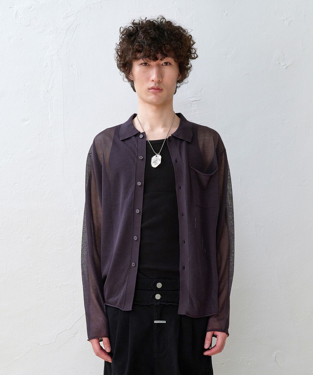 더바이닐하우스(THEVINYLHOUSE) SHEER COLLAR CARDIGAN CHARCOAL