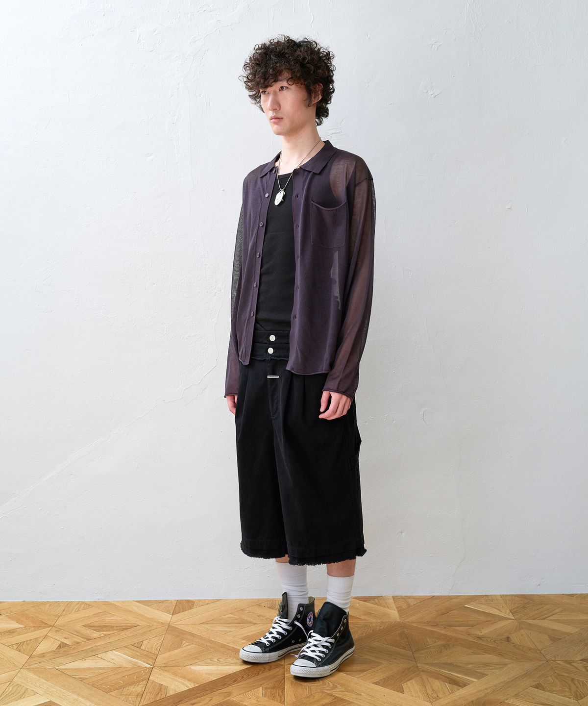 더바이닐하우스(THEVINYLHOUSE) SHEER COLLAR CARDIGAN CHARCOAL
