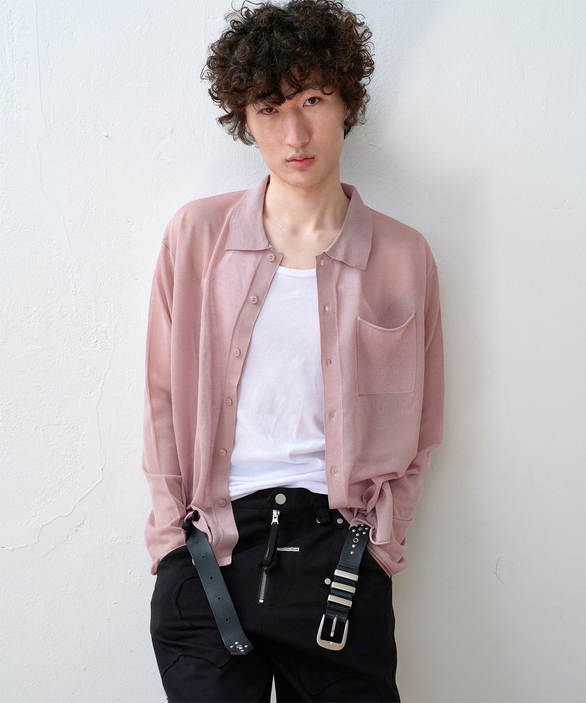 더바이닐하우스(THEVINYLHOUSE) SHEER COLLAR CARDIGAN PINK