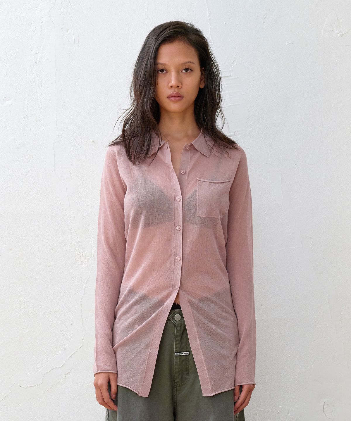 더바이닐하우스(THEVINYLHOUSE) SHEER COLLAR CARDIGAN PINK