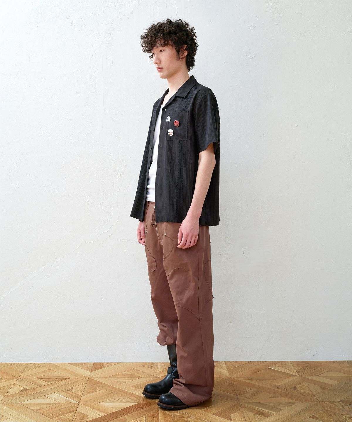 더바이닐하우스(THEVINYLHOUSE) LACE MIXED SHORT SLEEVE SHIRTS BLACK