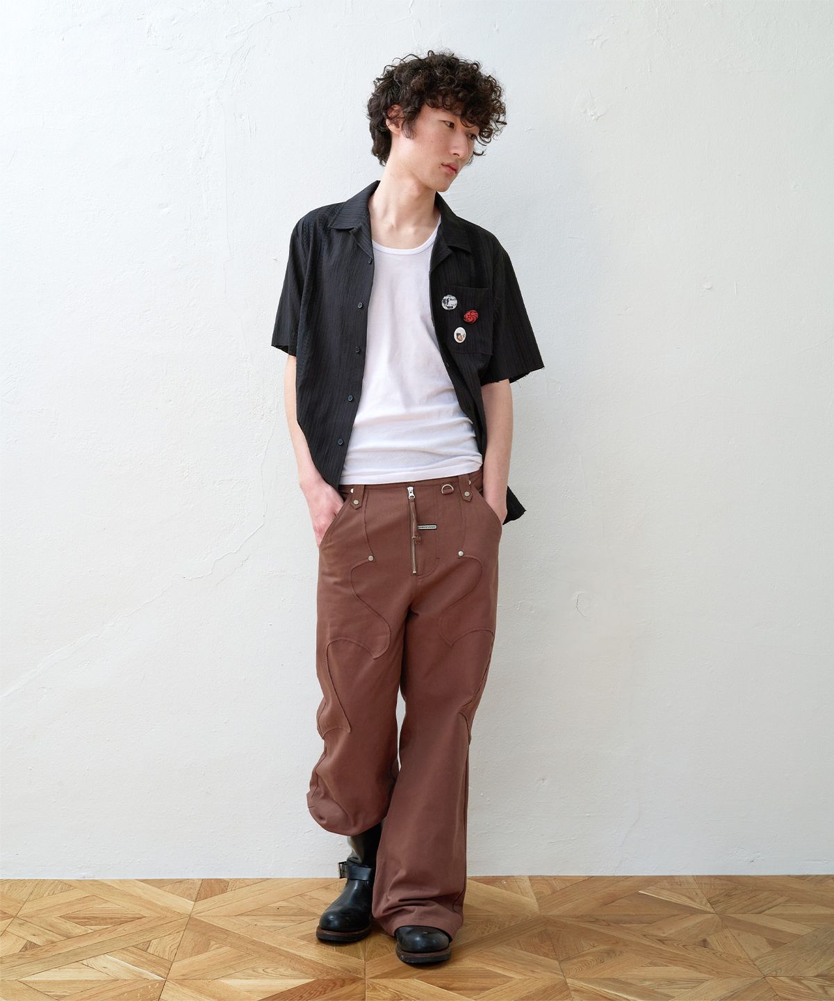 더바이닐하우스(THEVINYLHOUSE) LACE MIXED SHORT SLEEVE SHIRTS BLACK