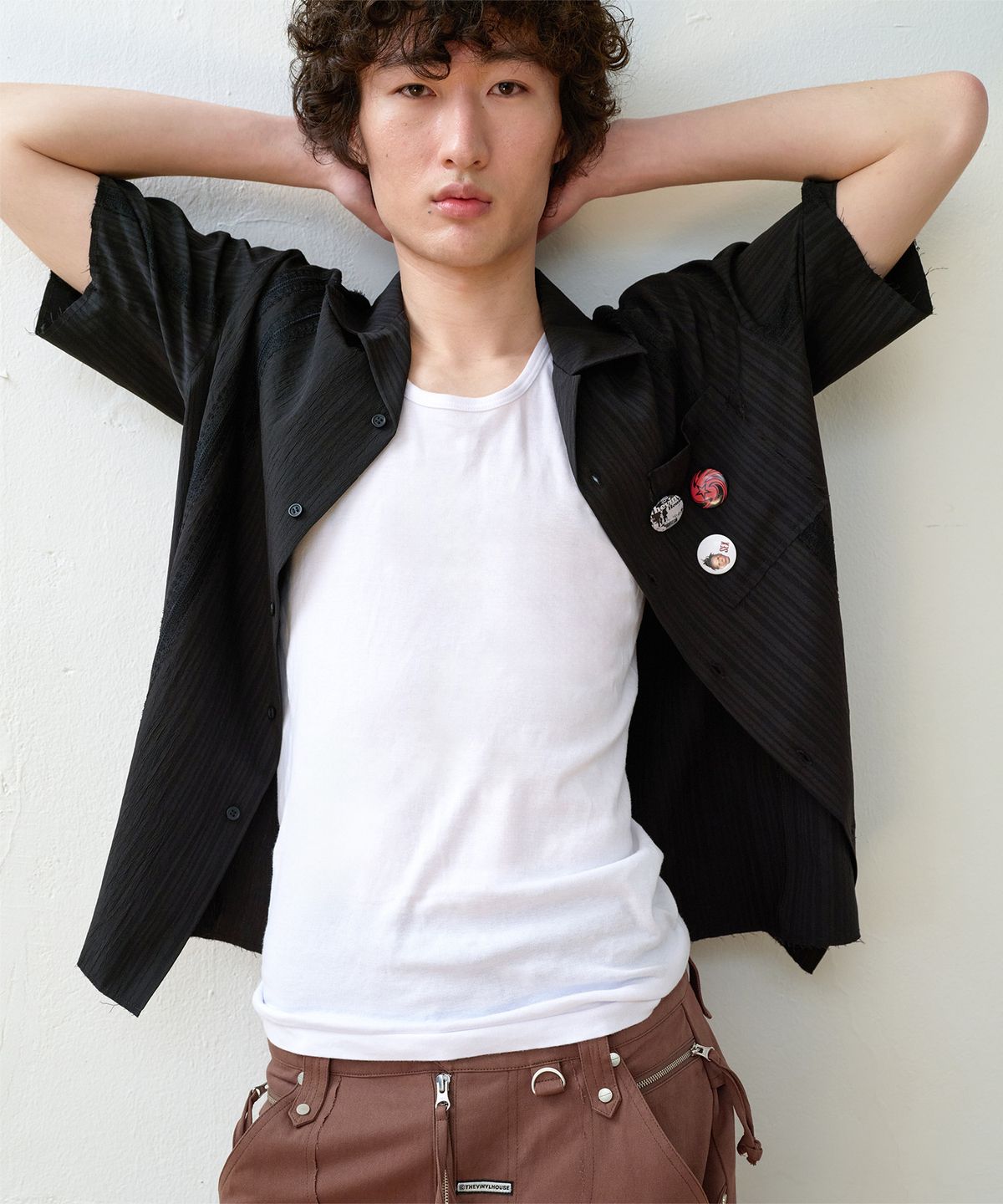 더바이닐하우스(THEVINYLHOUSE) LACE MIXED SHORT SLEEVE SHIRTS BLACK