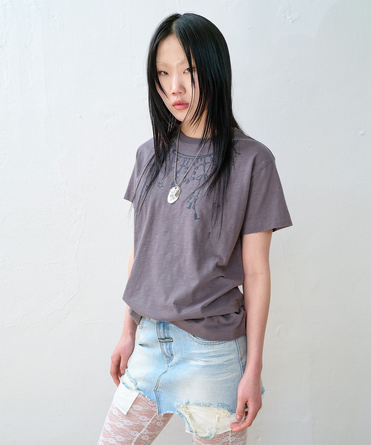 더바이닐하우스(THEVINYLHOUSE) NECKLACE VINTAGE SLUB TEE CHARCOAL