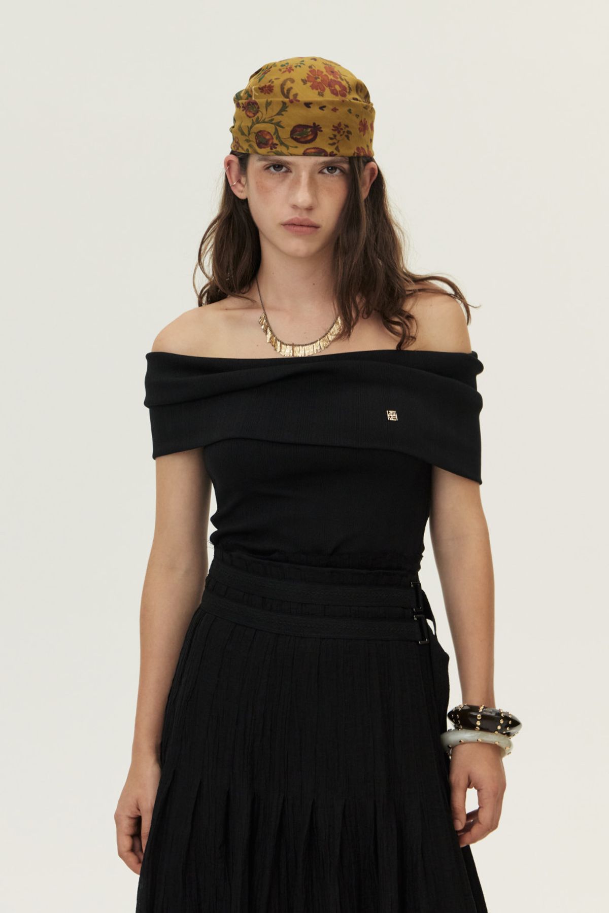 쿠메(KUMÉ) Pointelle Off Shoulder Top, Black