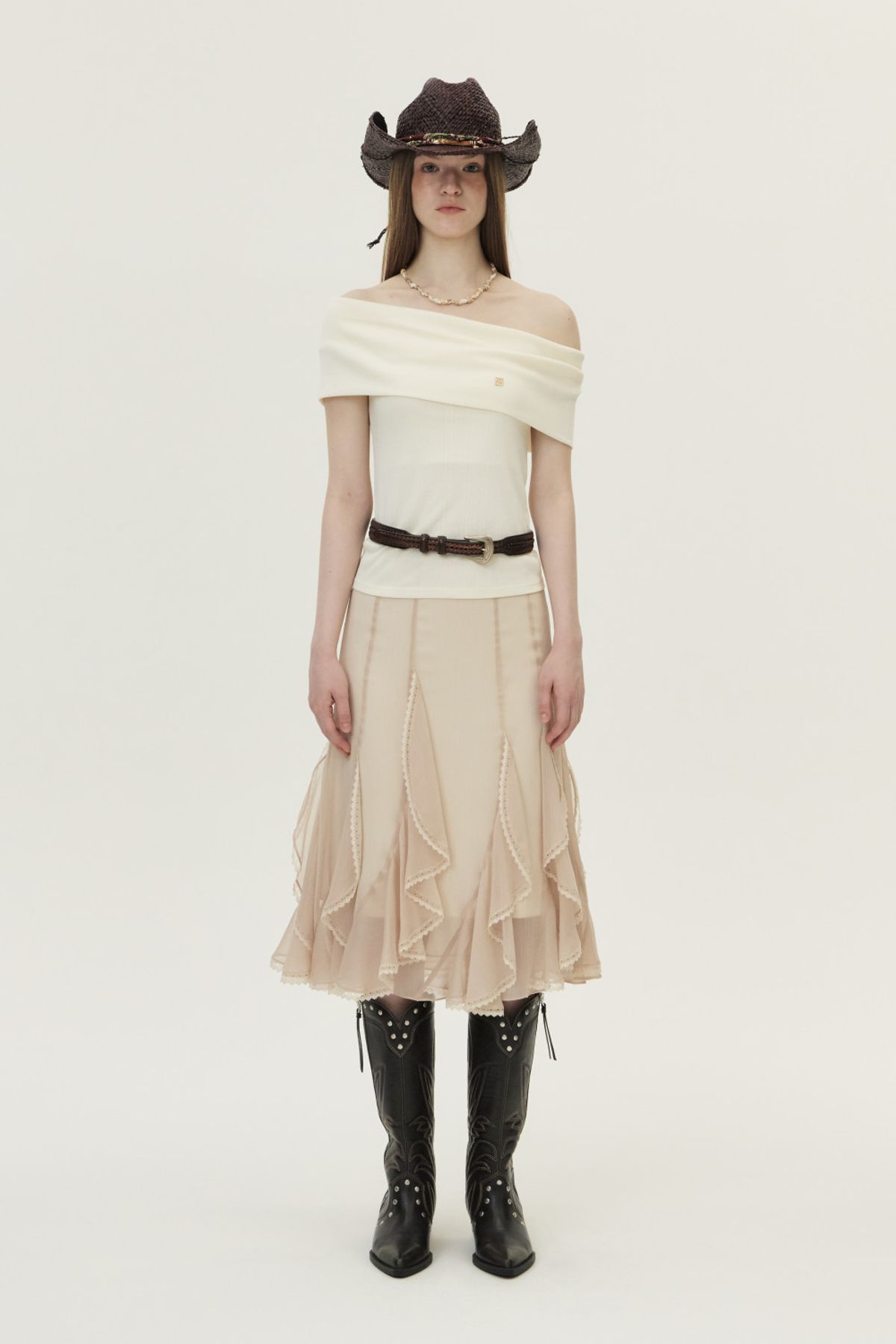 쿠메(KUMÉ) Pointelle Off Shoulder Top, Ivory