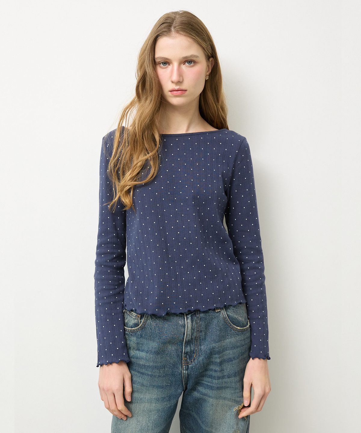 뉴루키(NEW LOOKY) Dot eyelet t-shirt _Navy