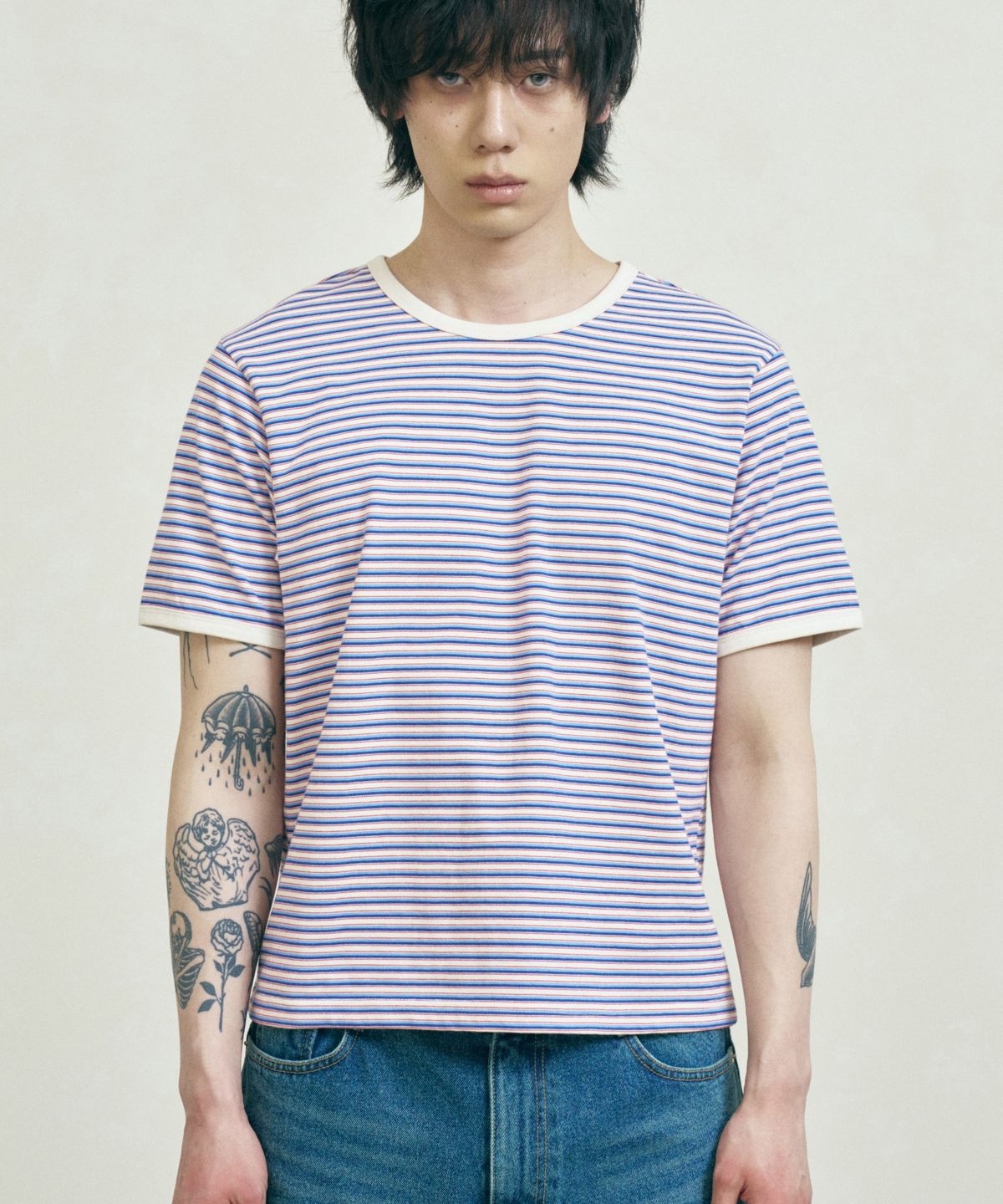 페르노브(FERNOV) 멀티 스트라이프 크롭 링거티 블루