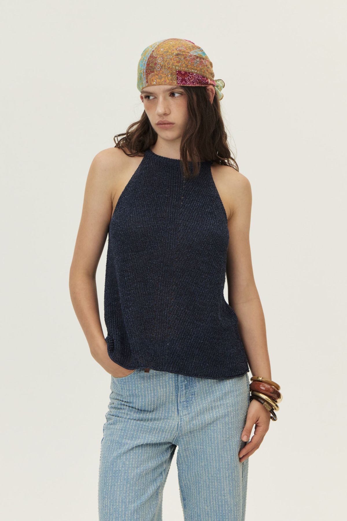 쿠메(KUMÉ) Loosely Knitted Halter Knit Top, Navy