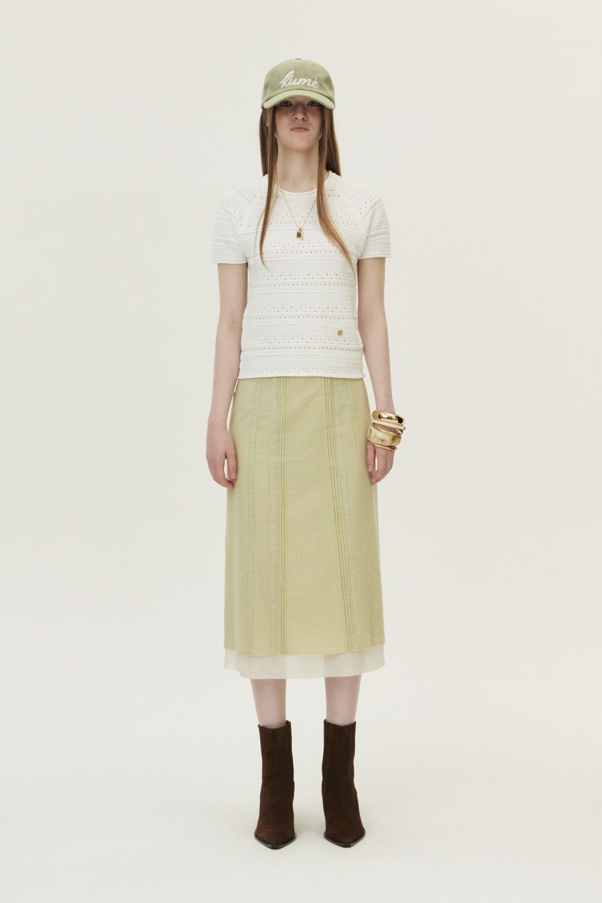 쿠메(KUMÉ) Lace Pintucked Midi Skirt, Olive