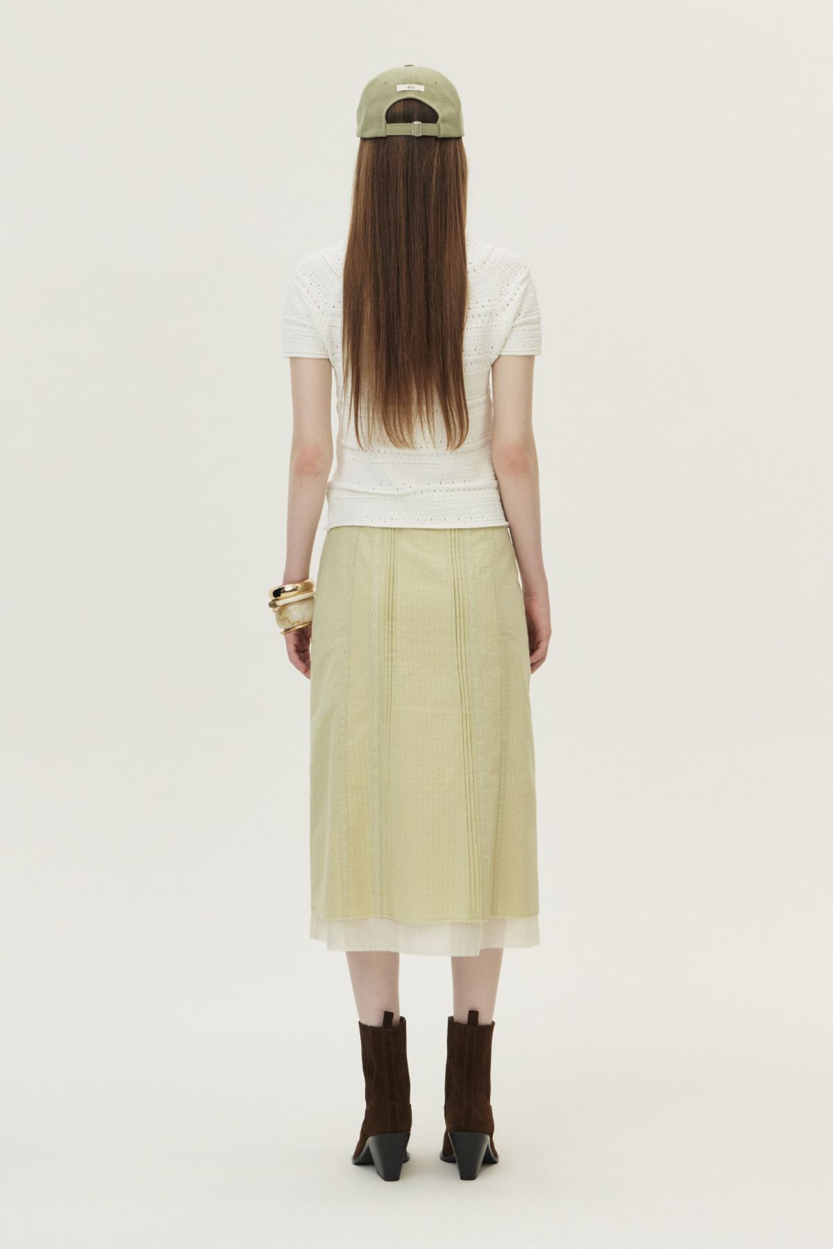 쿠메(KUMÉ) Lace Pintucked Midi Skirt, Olive