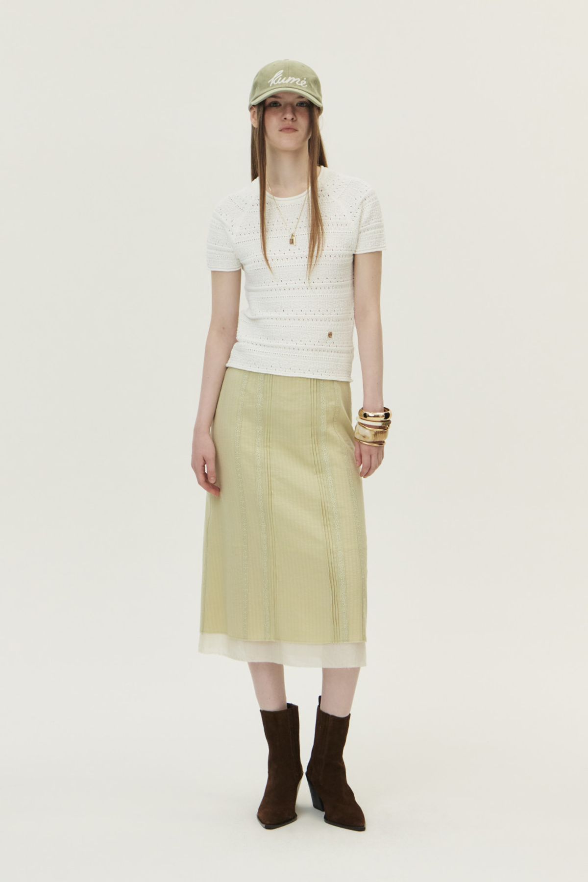 쿠메(KUMÉ) Lace Pintucked Midi Skirt, Olive