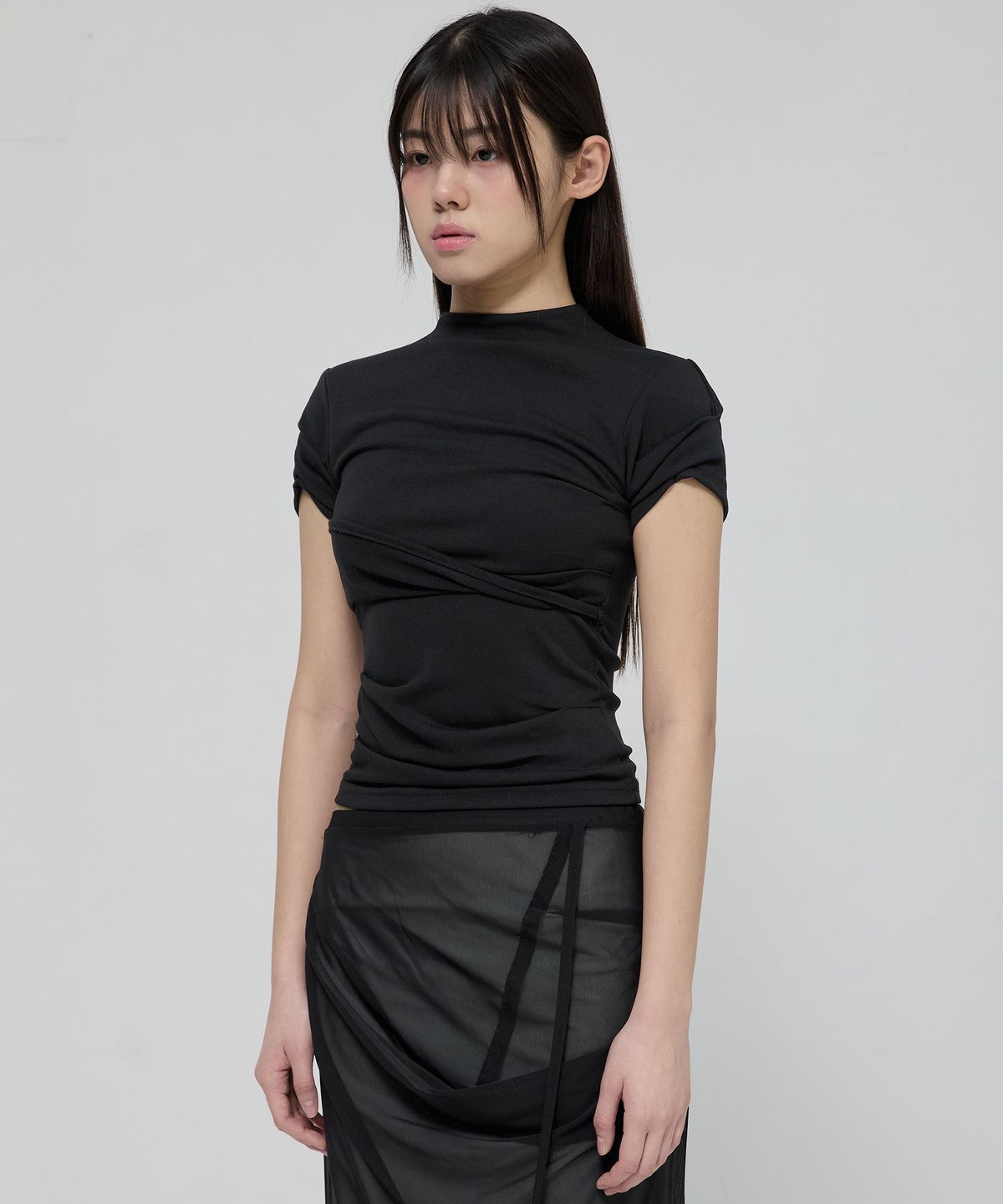 플레어업(FLAREUP) Asymmetrical Draped Mock Neck T-Shirt (FL-126_Black)