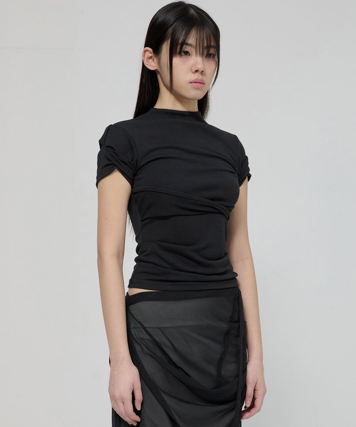 플레어업(FLAREUP) Asymmetrical Draped Mock Neck T-Shirt (FL-126_Black)