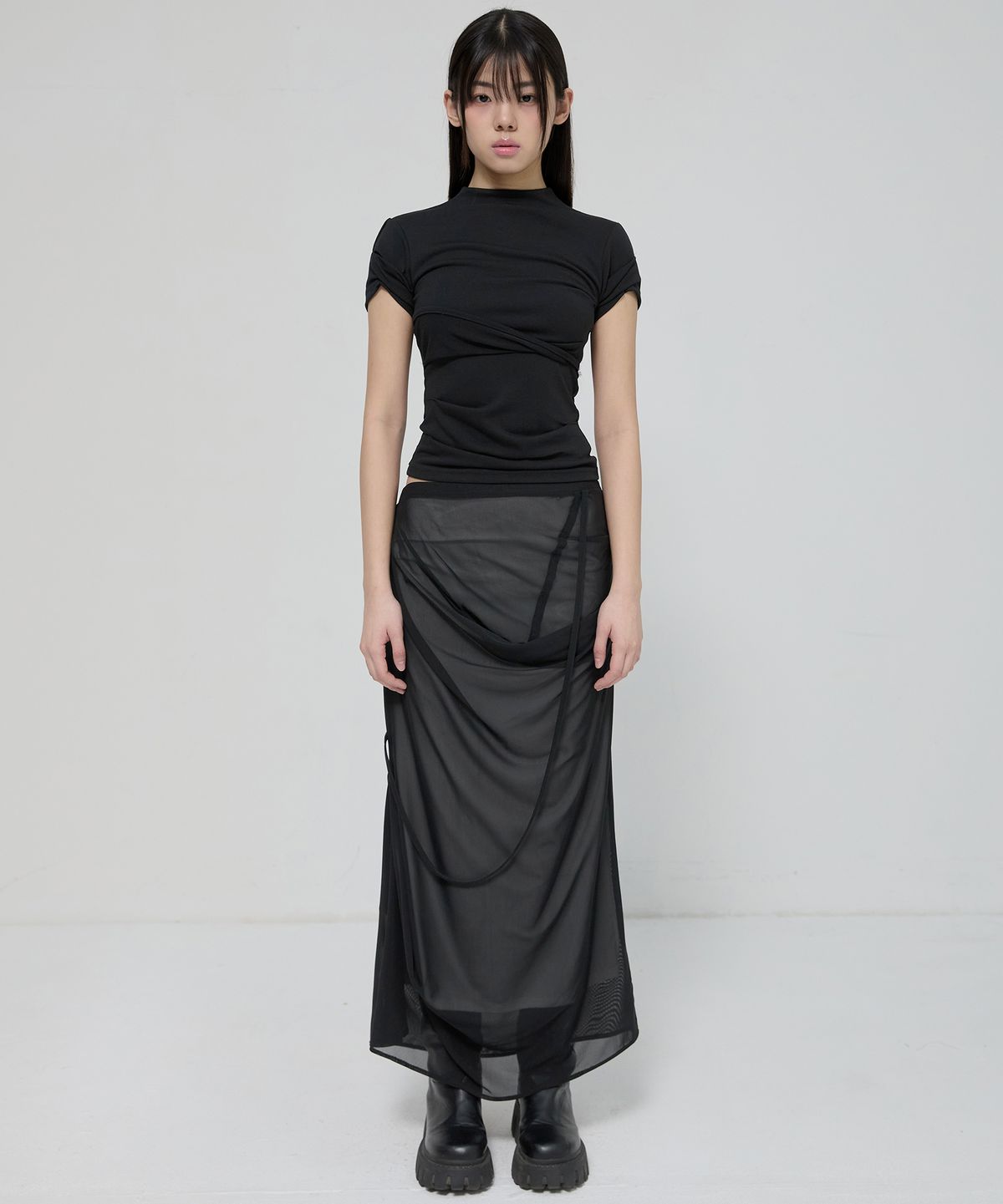 플레어업(FLAREUP) Asymmetrical Draped Mock Neck T-Shirt (FL-126_Black)