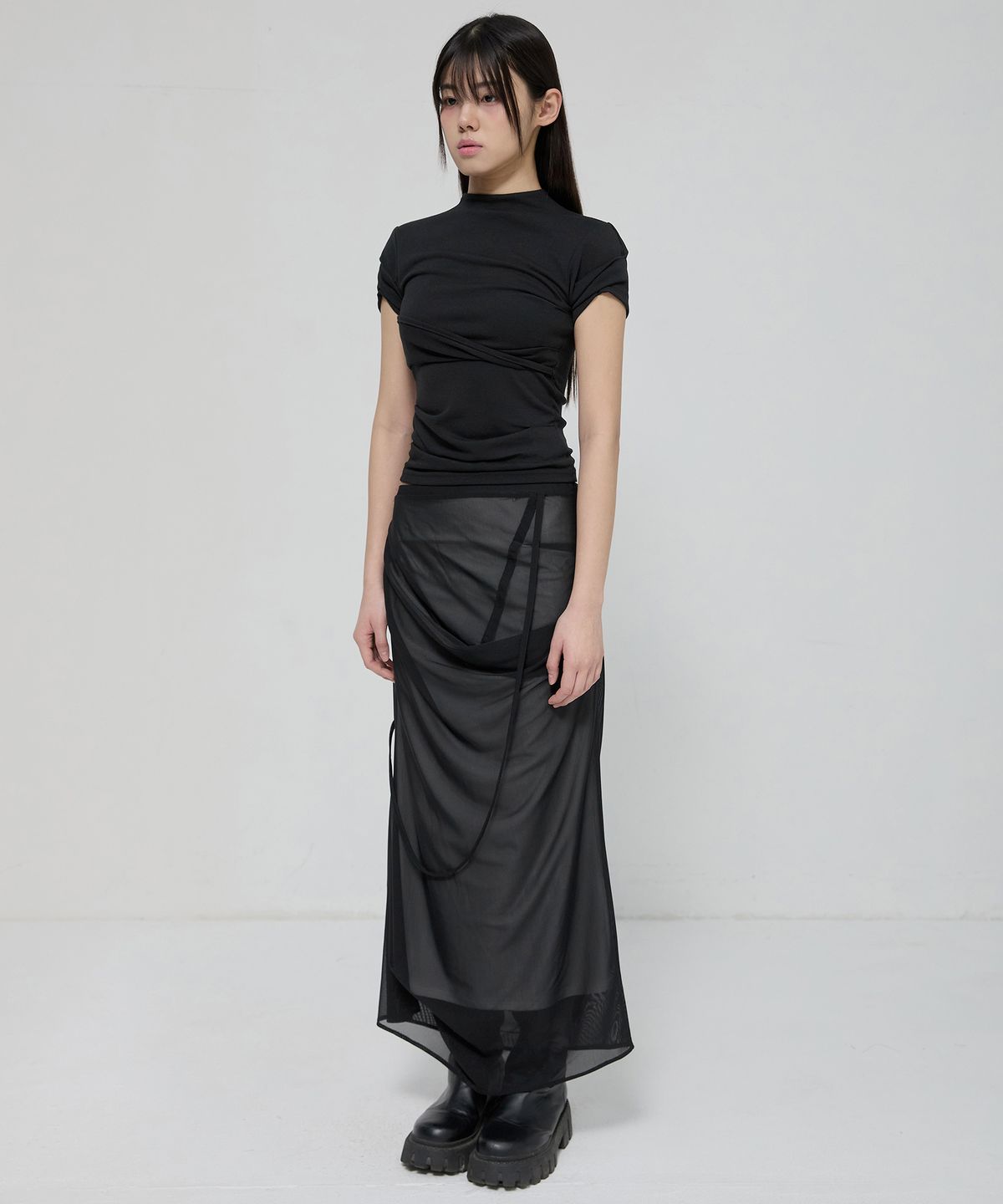 플레어업(FLAREUP) Asymmetrical Draped Mock Neck T-Shirt (FL-126_Black)