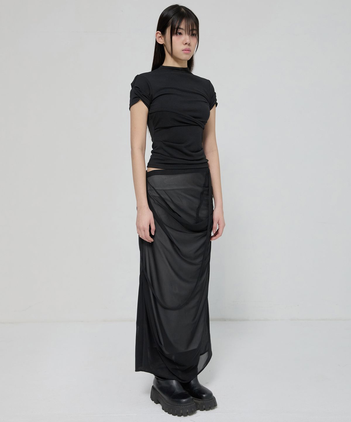 플레어업(FLAREUP) Asymmetrical Draped Mock Neck T-Shirt (FL-126_Black)