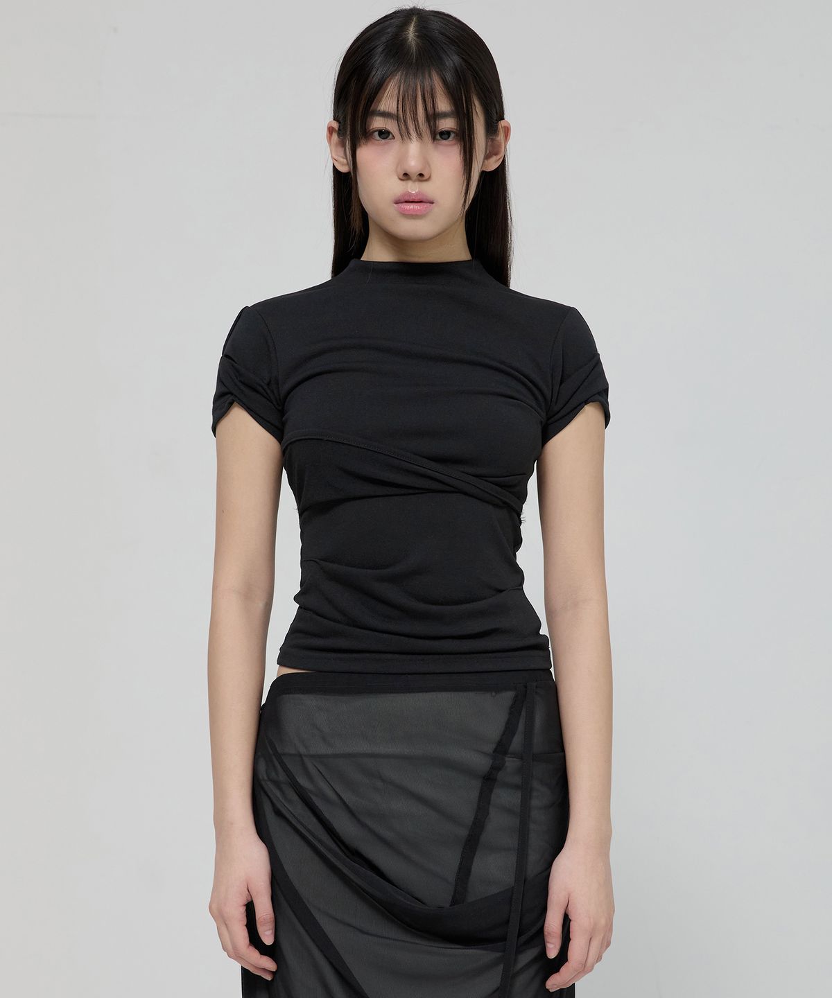 플레어업(FLAREUP) Asymmetrical Draped Mock Neck T-Shirt (FL-126_Black)