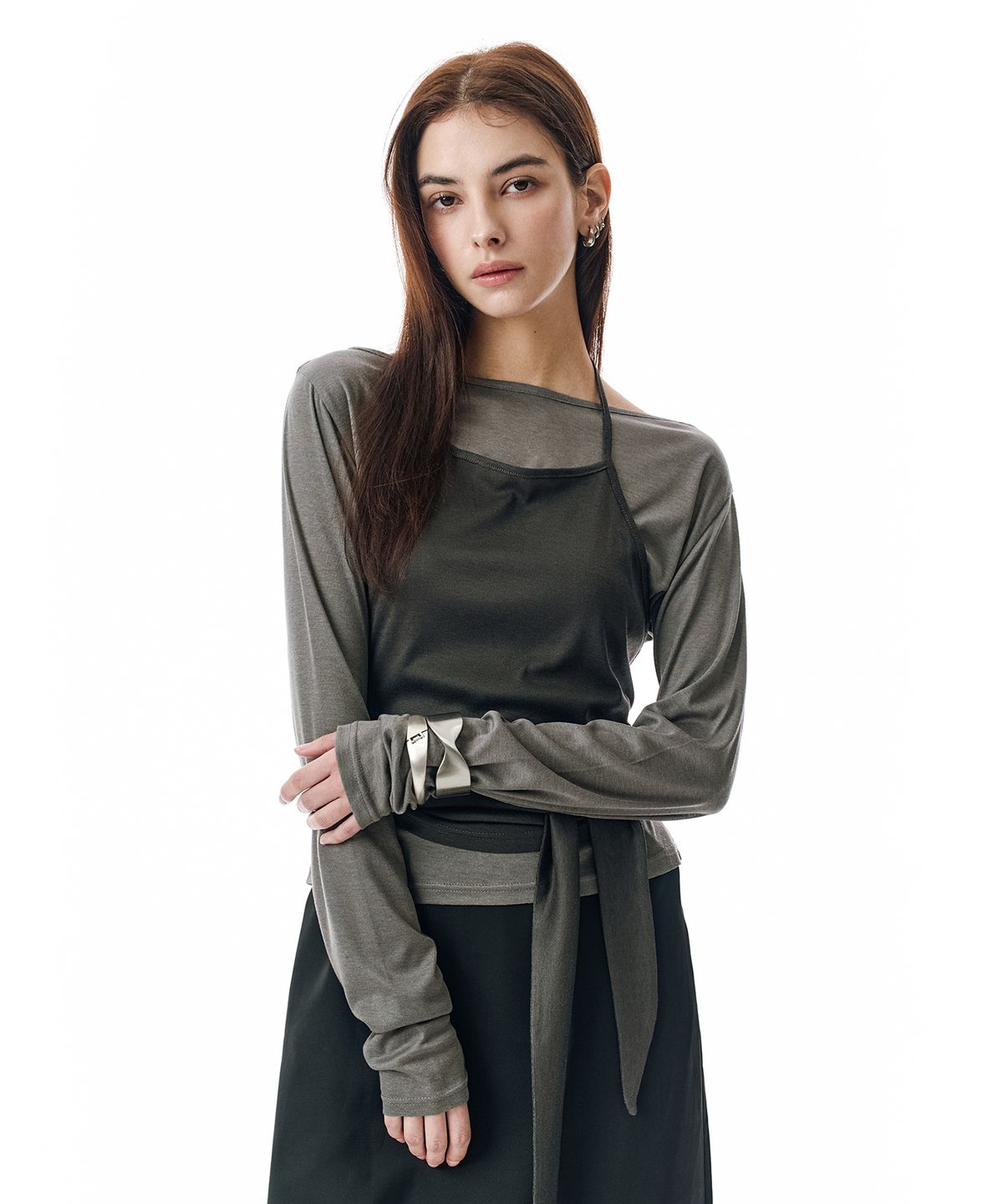 세컨모놀로그(SECONDMONO) W.(SET)Tie Detail Layered Set Top [DGRAY]_SEWTS025DGRAY