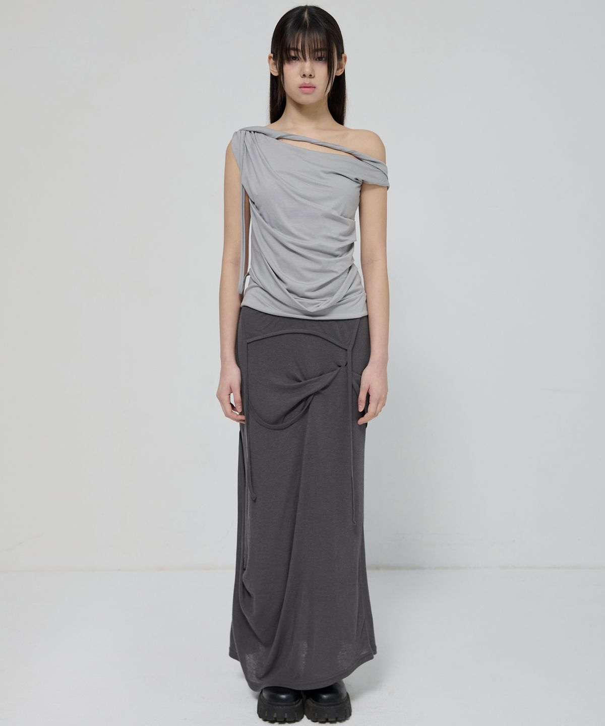 플레어업(FLAREUP) Braided Drape One-Shoulder Top (FL-140_Gray)