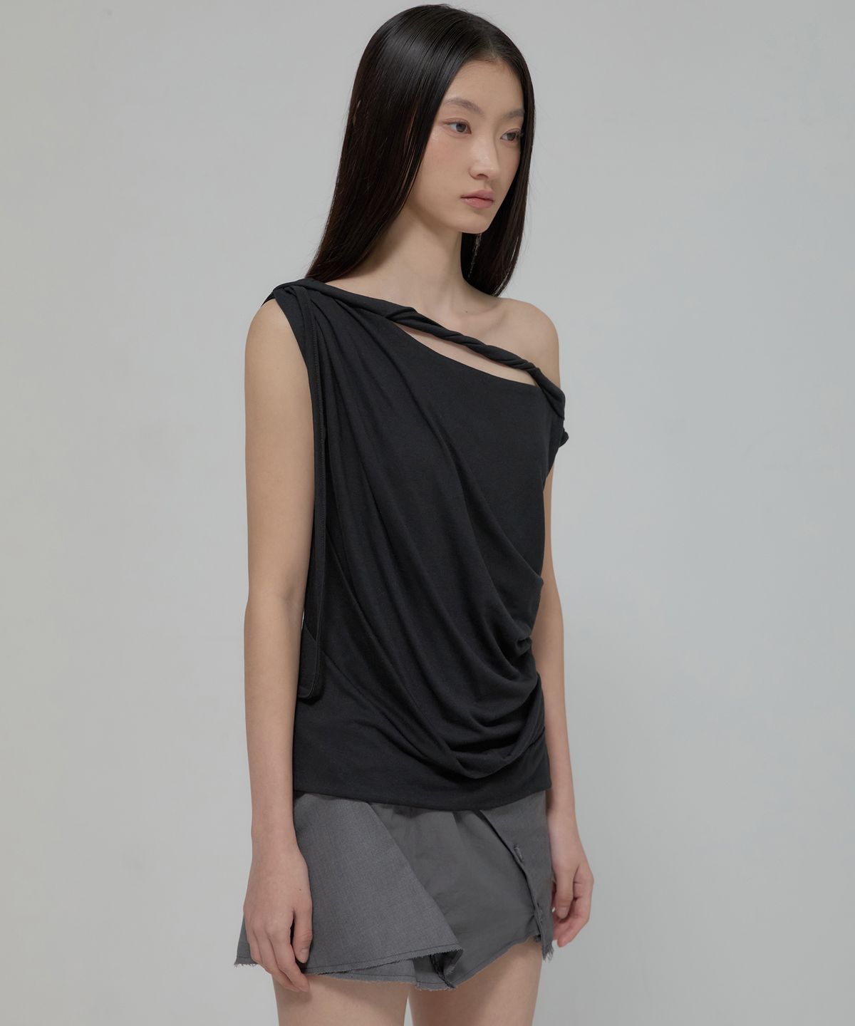 플레어업(FLAREUP) Braided Drape One-Shoulder Top (FL-140_Black)