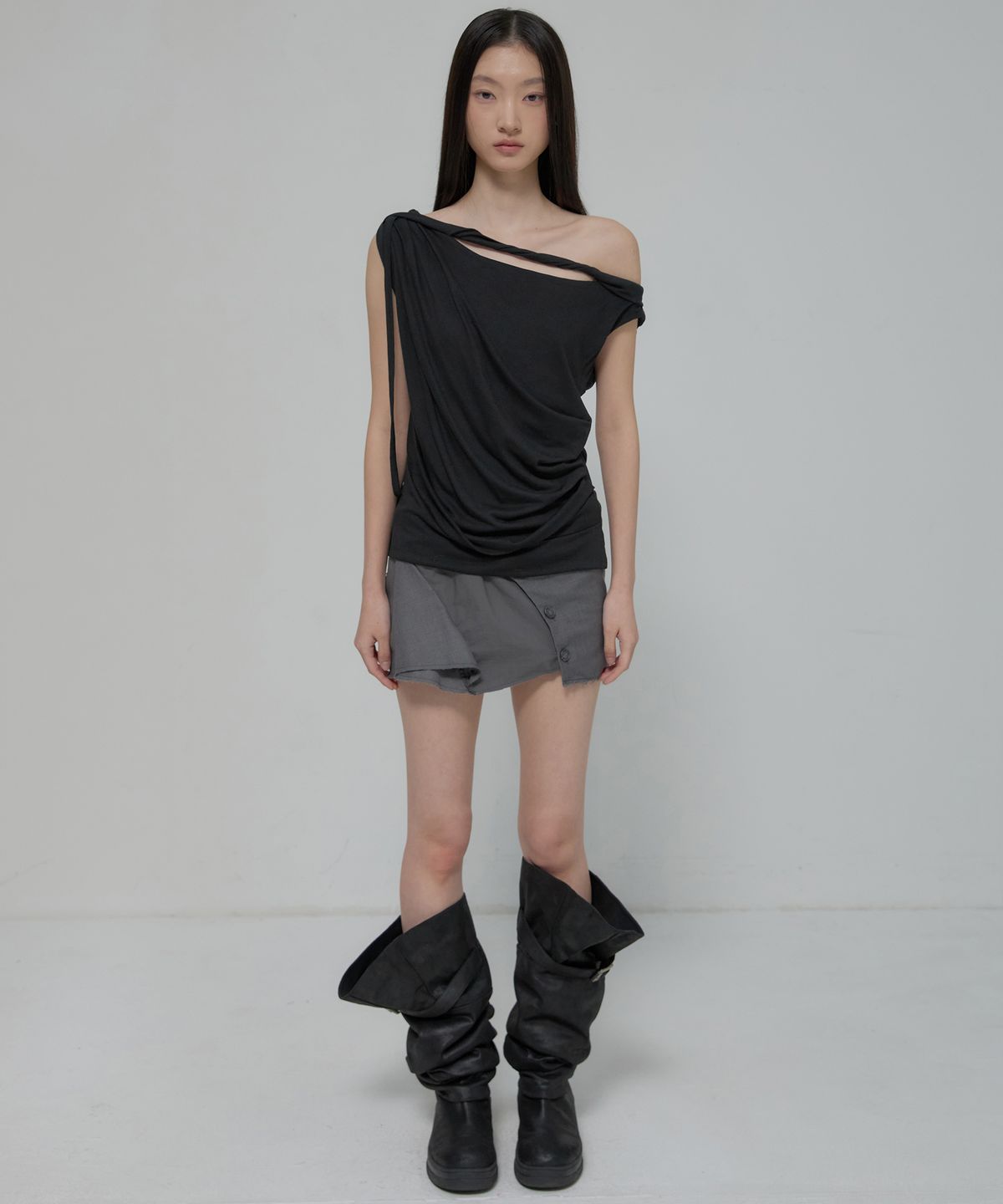 플레어업(FLAREUP) Braided Drape One-Shoulder Top (FL-140_Black)
