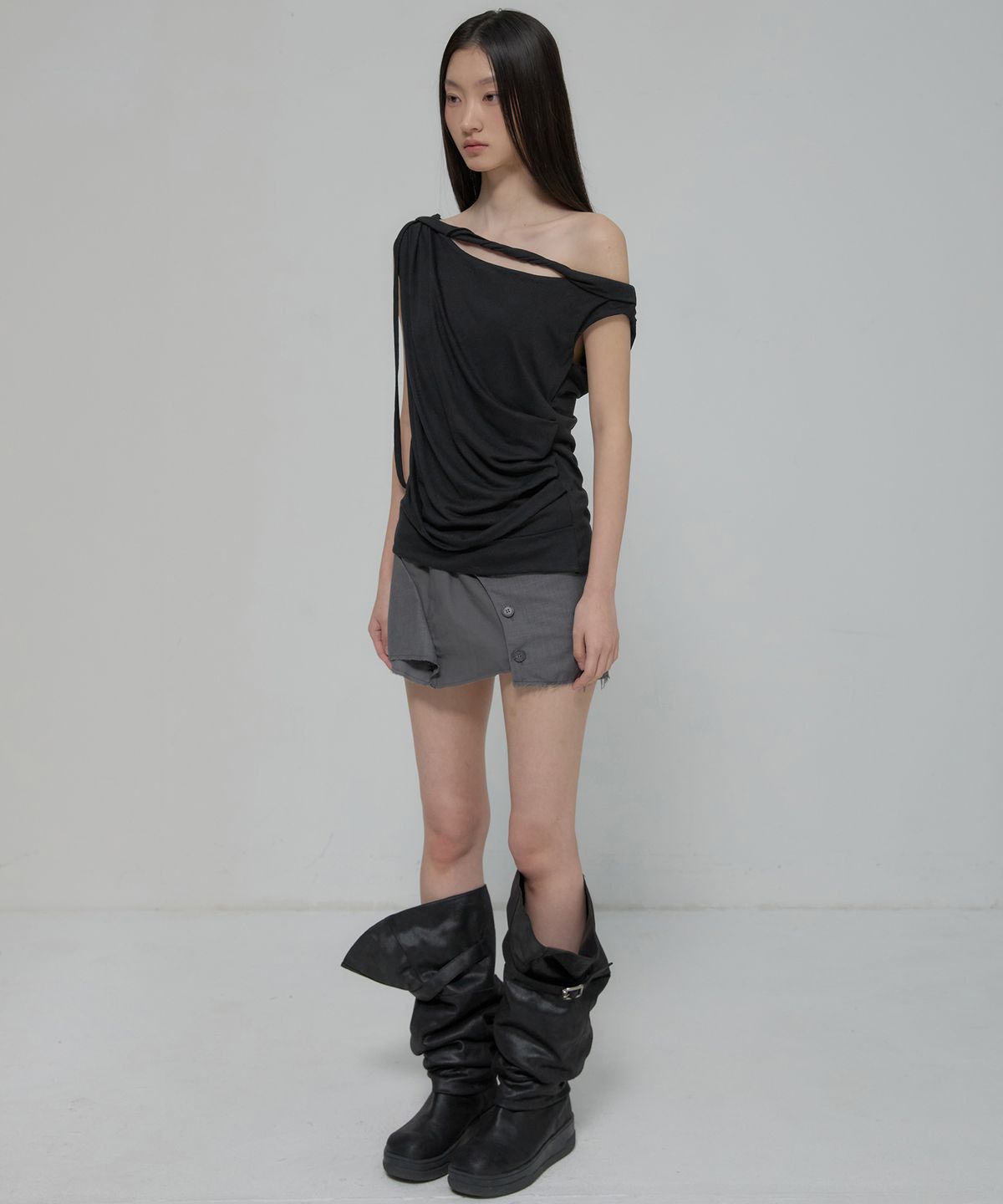 플레어업(FLAREUP) Braided Drape One-Shoulder Top (FL-140_Black)