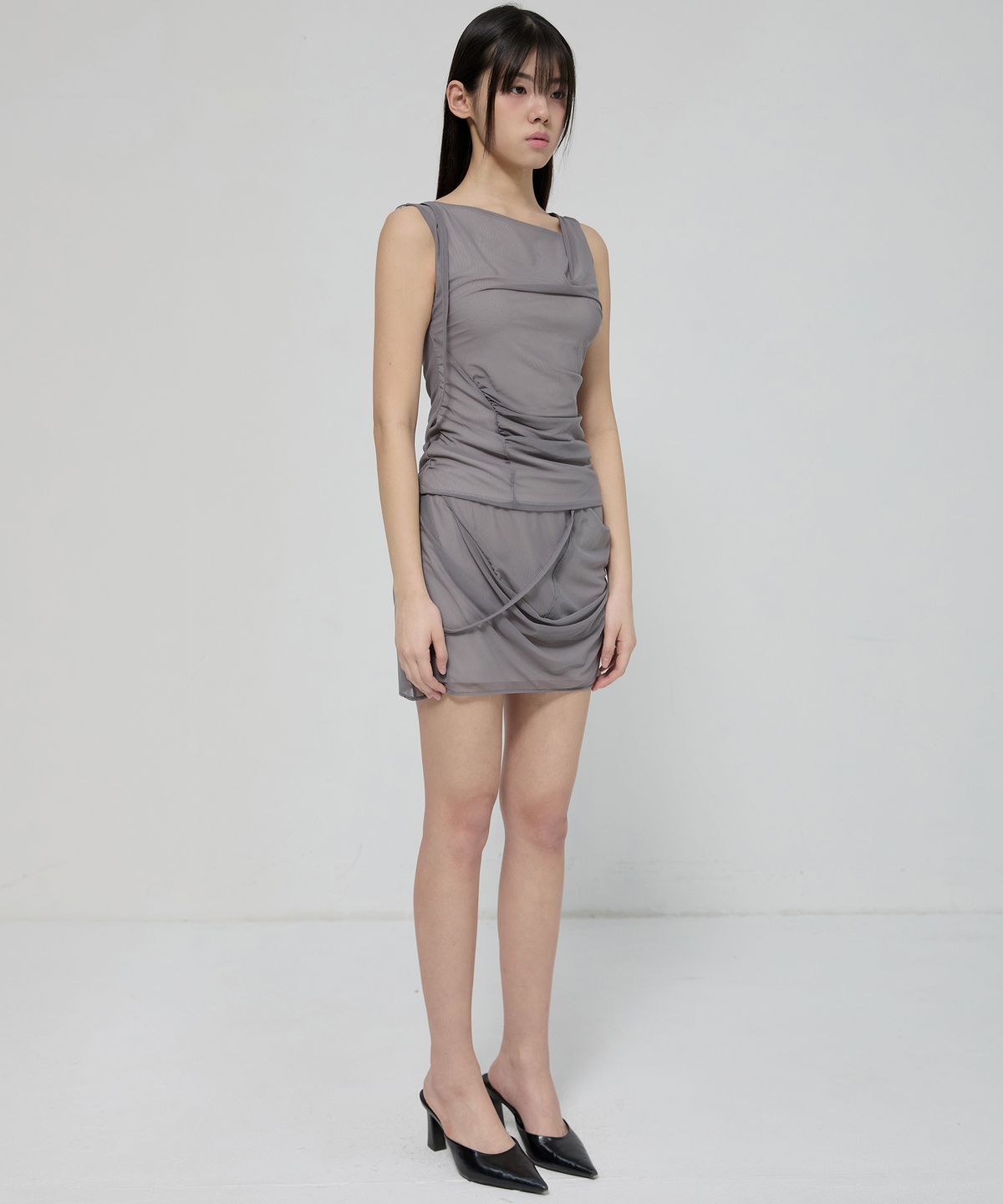 플레어업(FLAREUP) Draped Mesh Layered Sleeveless (FL-116_Gray)