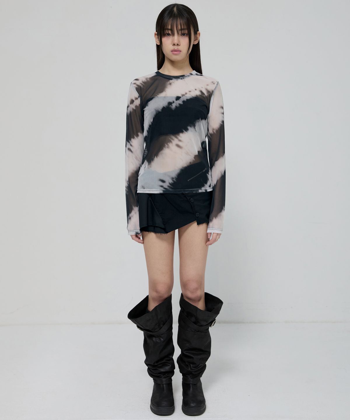 플레어업(FLAREUP) Sheer Mesh Long Sleeve (FL-142_Black&Cream)