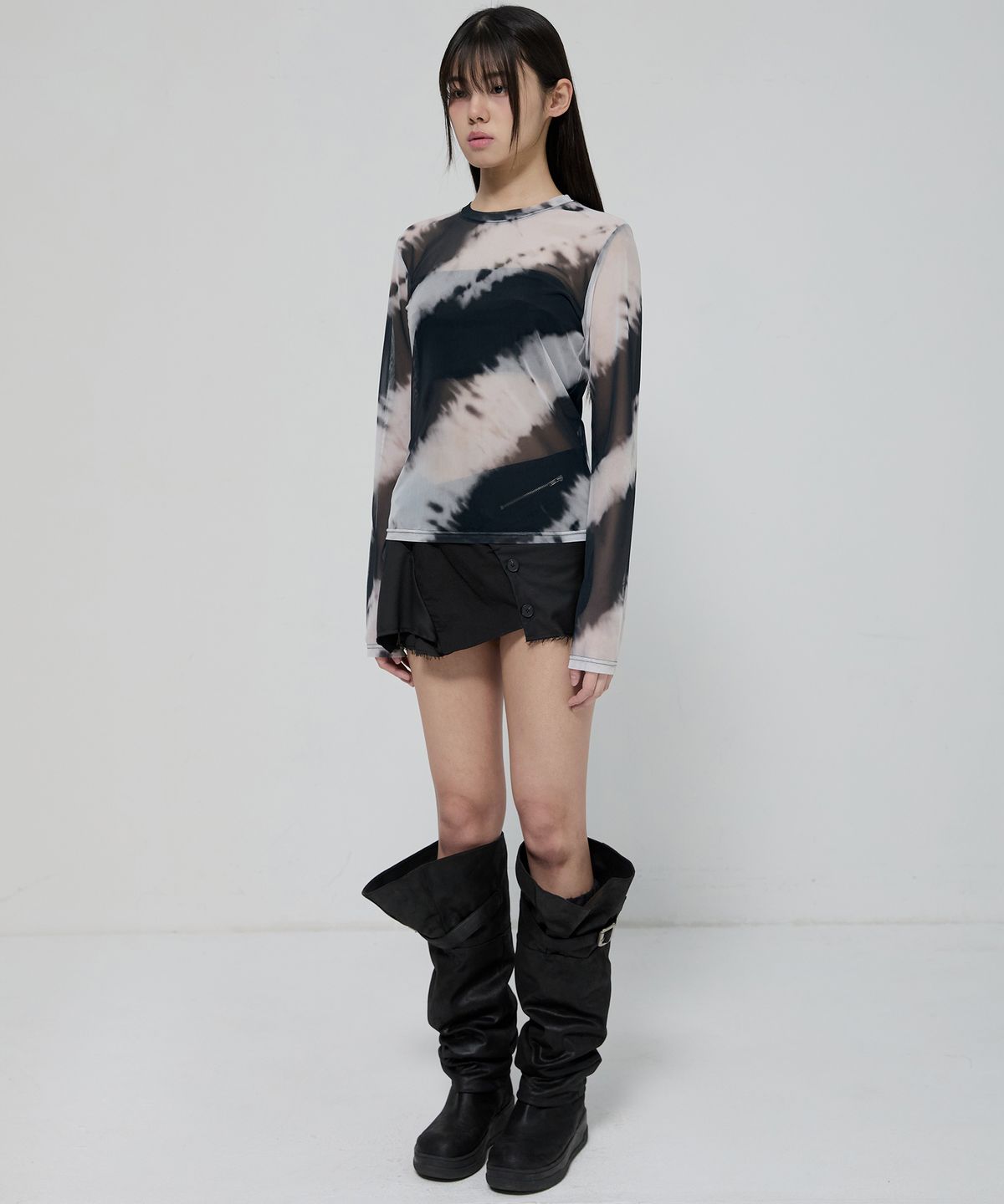플레어업(FLAREUP) Sheer Mesh Long Sleeve (FL-142_Black&Cream)