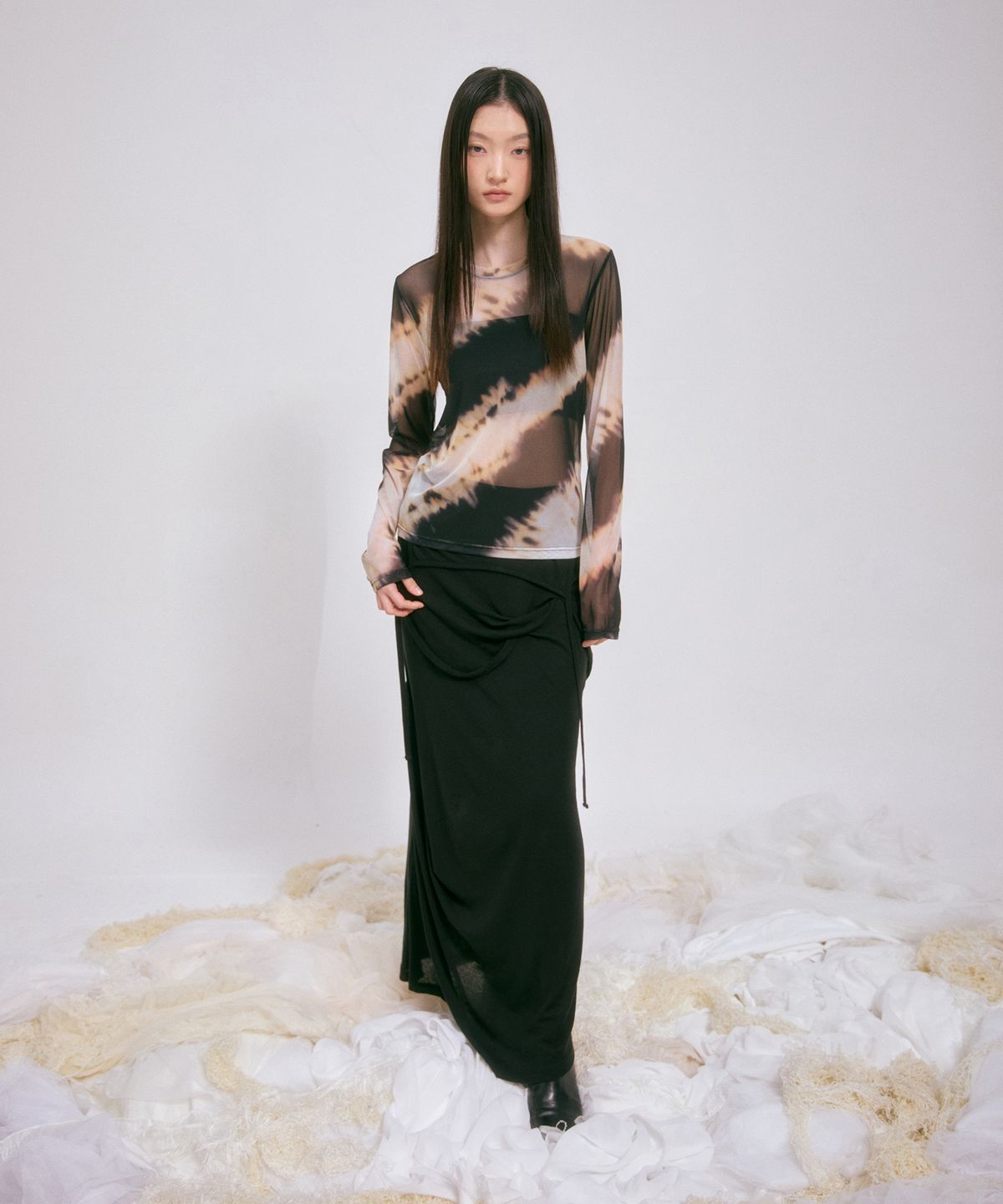 플레어업(FLAREUP) Sheer Mesh Long Sleeve (FL-142_Black&Sand Beige)