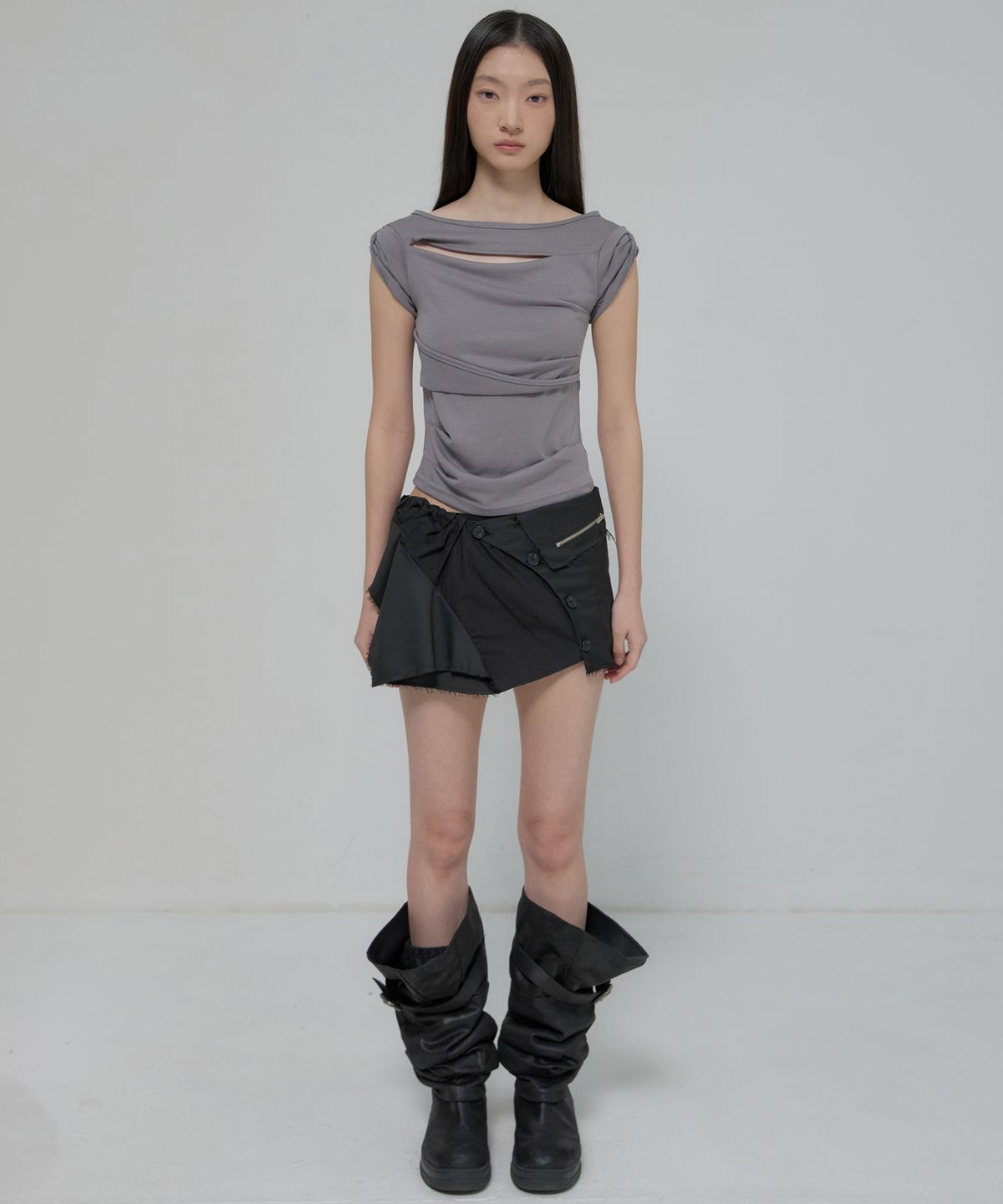 플레어업(FLAREUP) Asymmetrical Layered Mini Skirt (FL-267_Black)