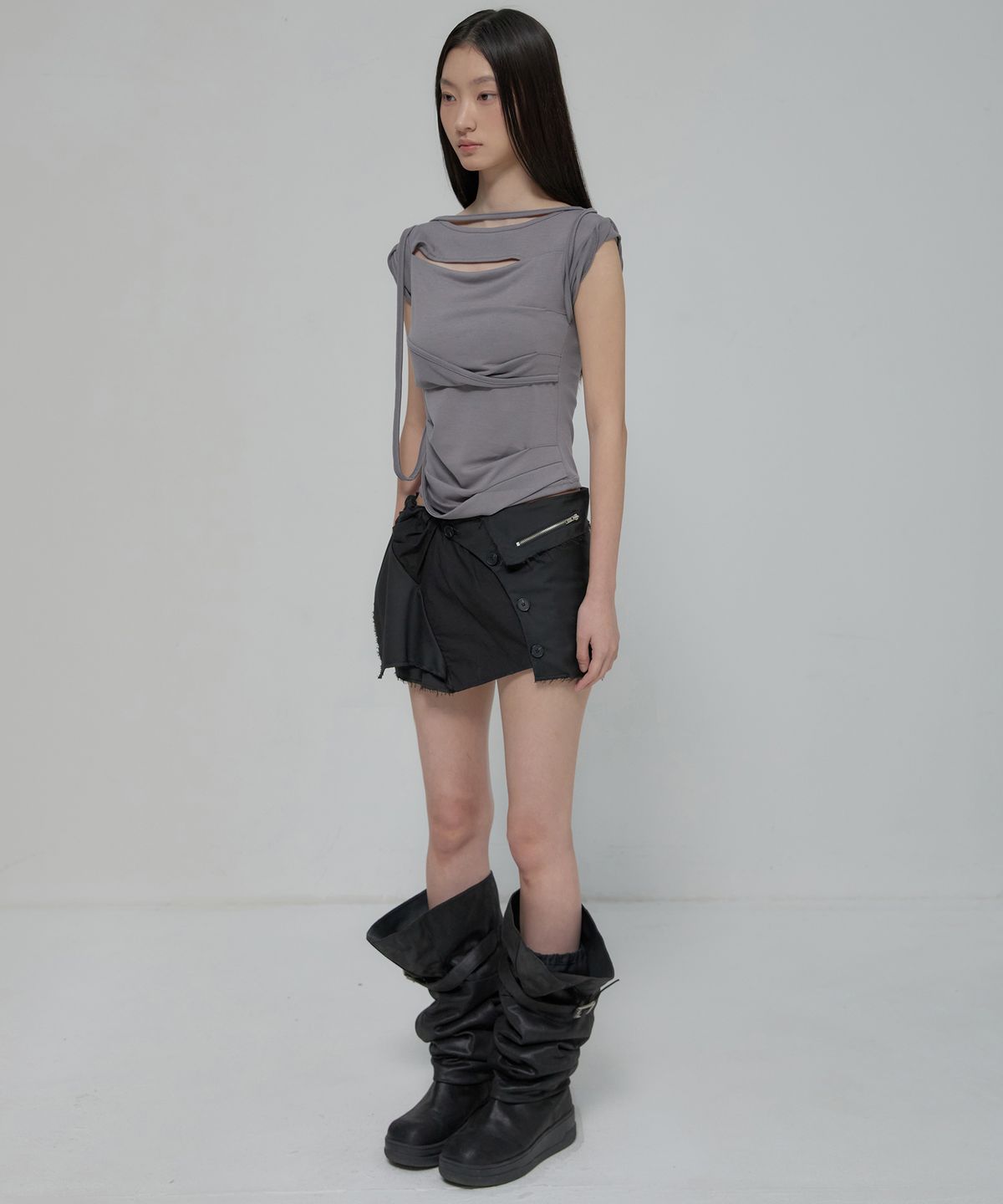 플레어업(FLAREUP) Asymmetrical Layered Mini Skirt (FL-267_Black)