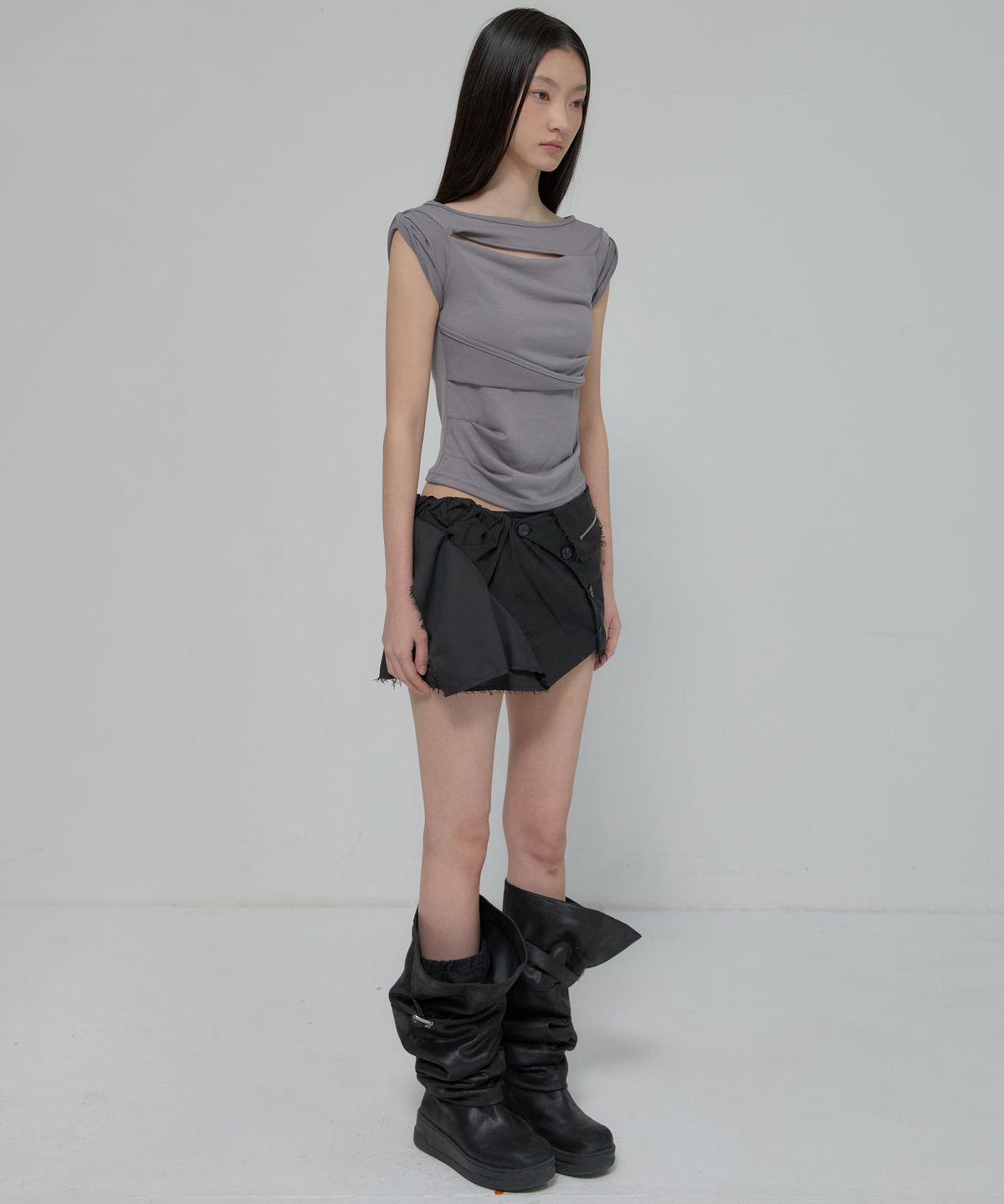플레어업(FLAREUP) Asymmetrical Layered Mini Skirt (FL-267_Black)