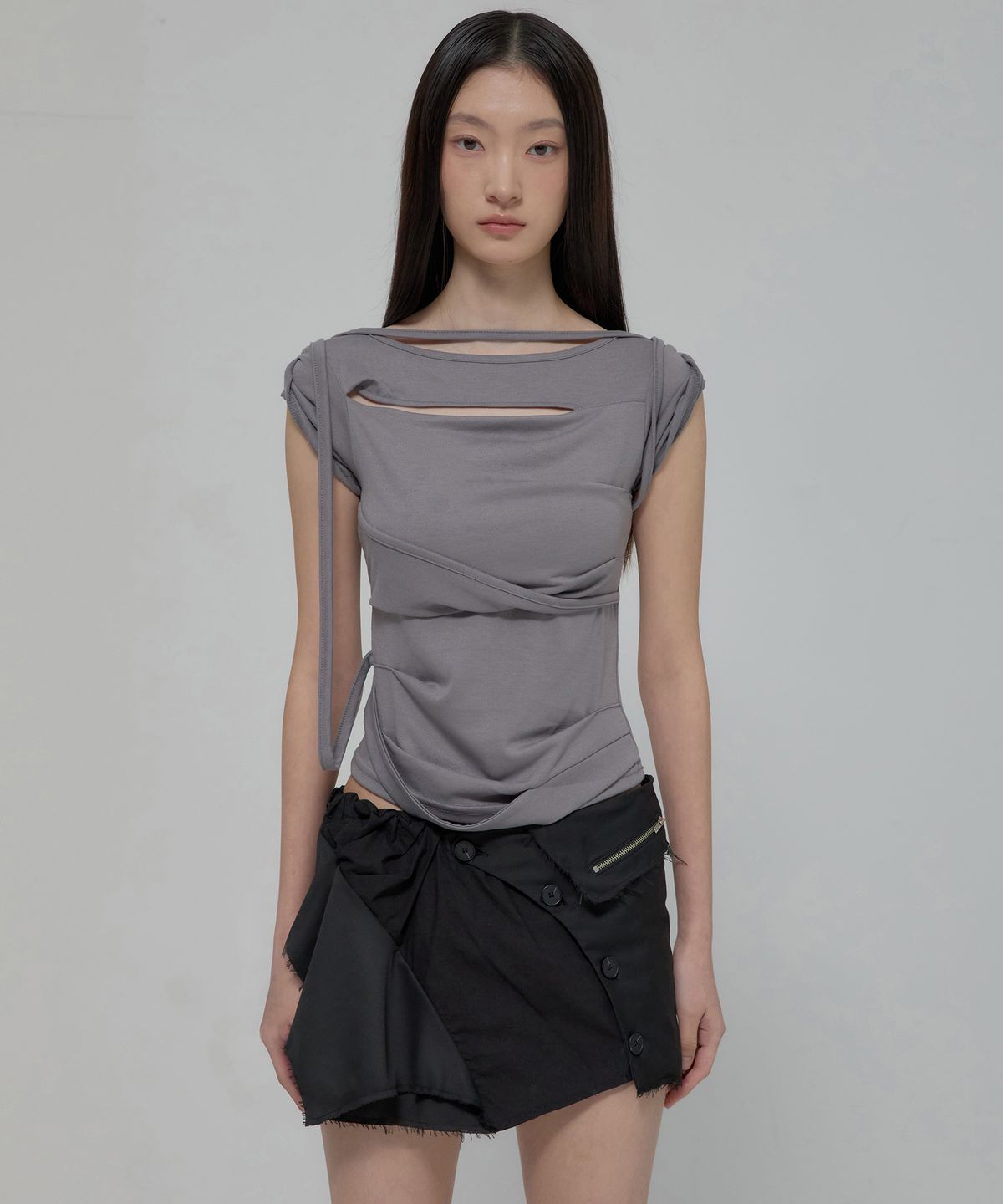 플레어업(FLAREUP) Asymmetrical Layered Mini Skirt (FL-267_Black)